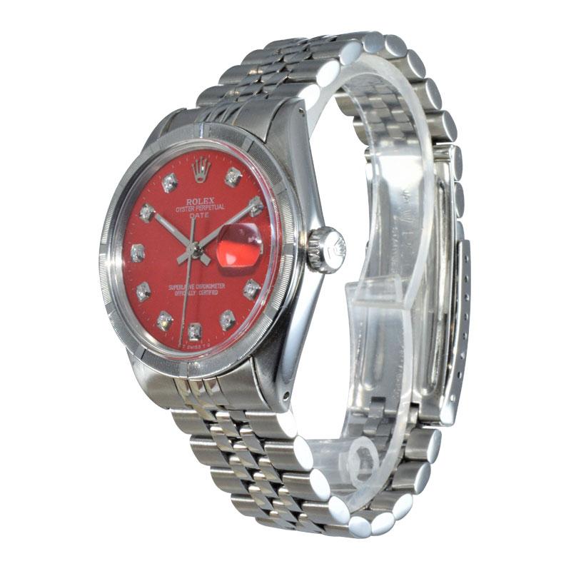 Round Cut Rolex Stainless Steel Oyster Perpetual Date Red Diamond Dial Watch