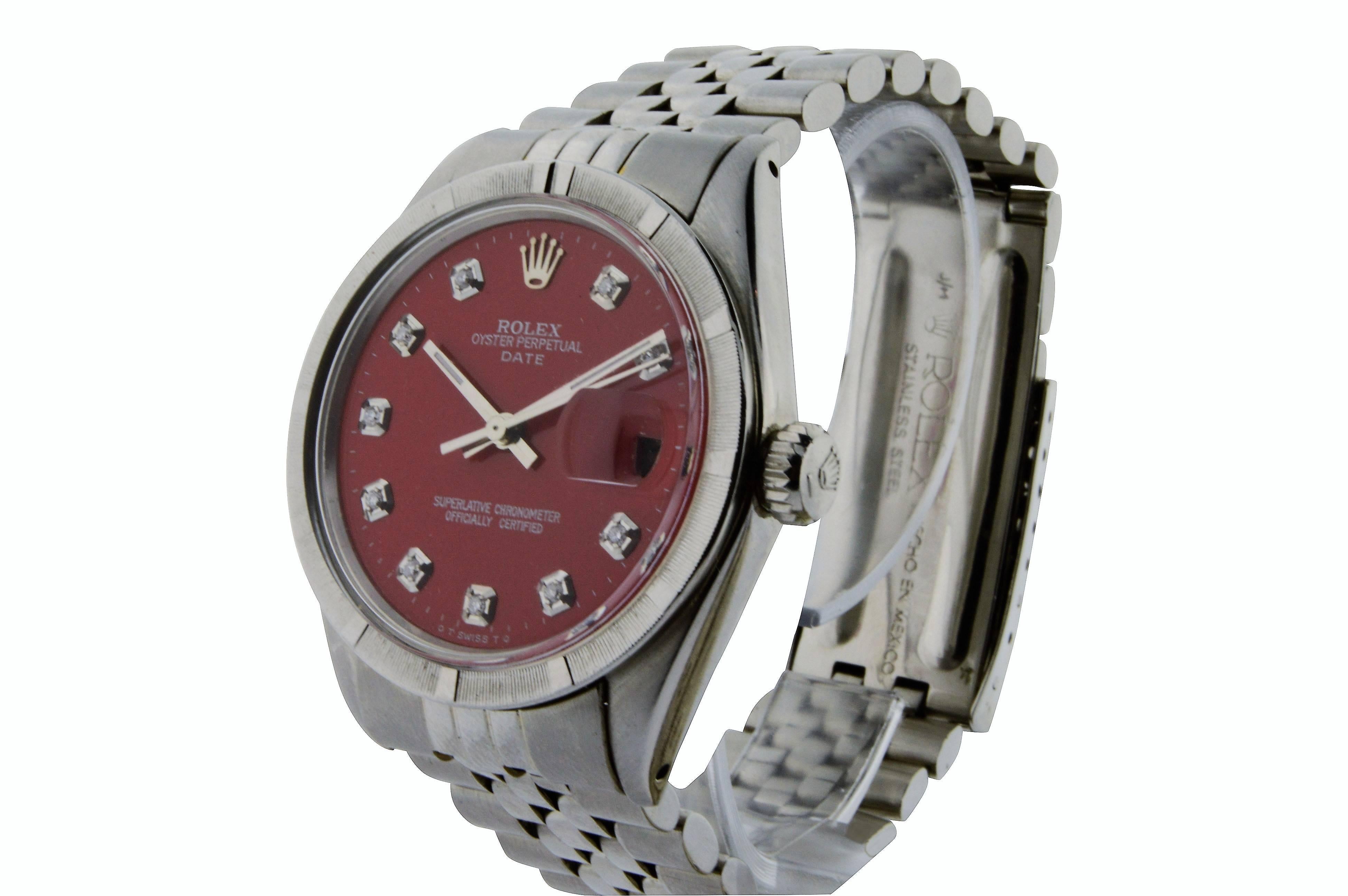 Women's or Men's Rolex Stainless Steel Oyster Perpetual Date Red Diamond Dial Watch