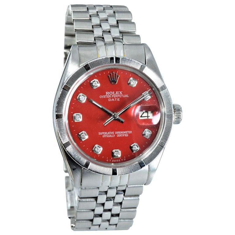 Rolex Stainless Steel Oyster Perpetual Date Red Diamond Dial Watch