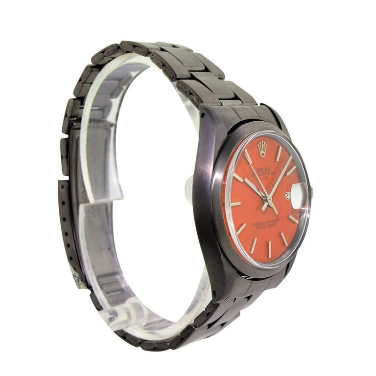 Modern Rolex Stainless Steel Oyster Perpetual Date Red Orange Dial Automatic Watch For Sale
