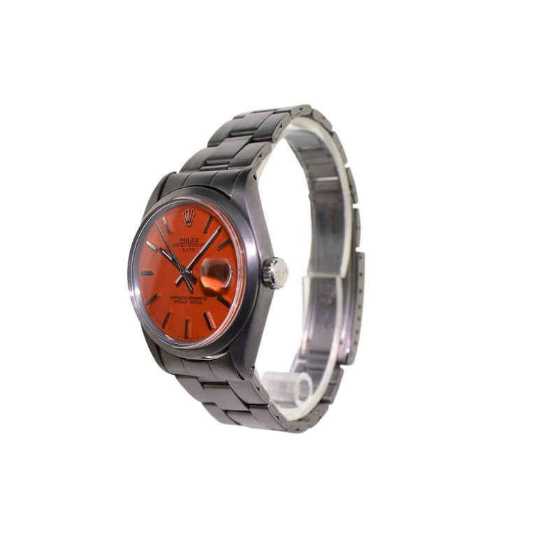 Rolex Stainless Steel Oyster Perpetual Date Red Orange Dial Automatic Watch In Excellent Condition For Sale In Long Beach, CA