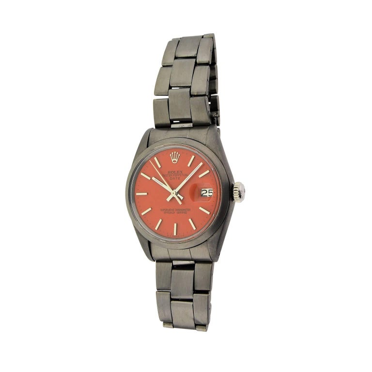 Rolex Stainless Steel Oyster Perpetual Date Red Orange Dial Automatic Watch For Sale 1