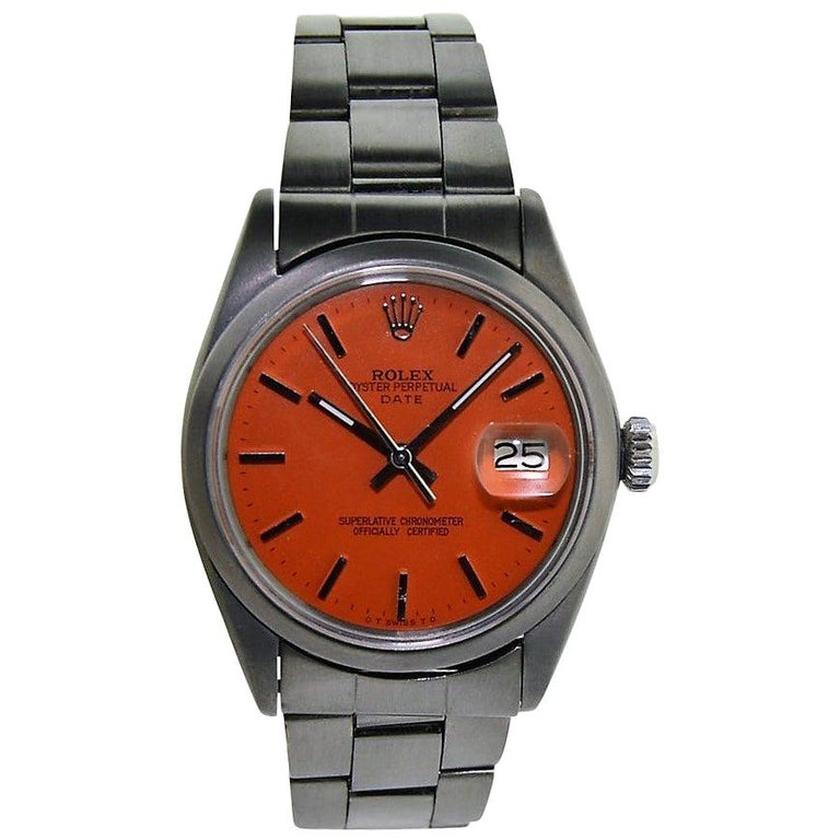 Rolex Stainless Steel Oyster Perpetual Date Red Orange Dial Automatic Watch For Sale
