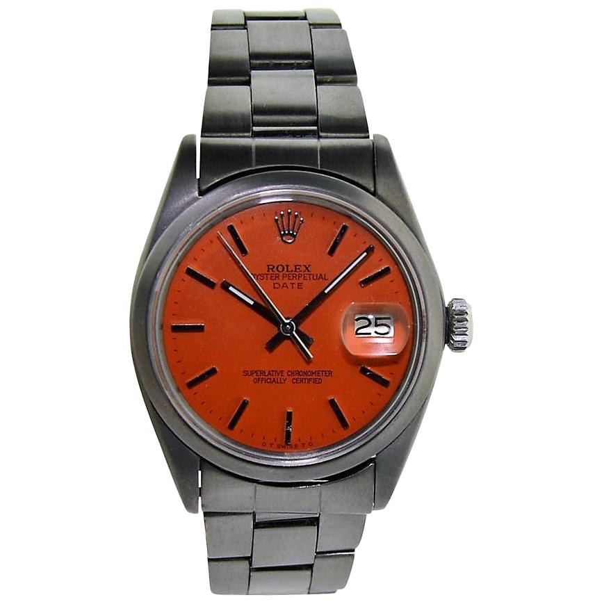 Rolex Stainless Steel Oyster Perpetual Date Custom Red Orange Dial, circa 1970's