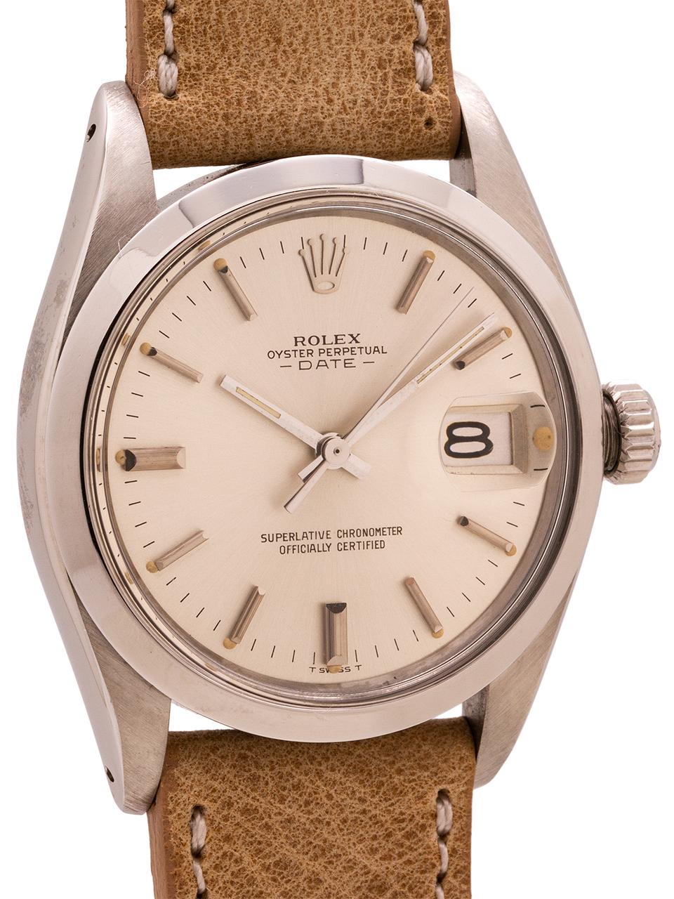 
Rolex Stainless Steel Oyster Perpetual Date ref# 1500 serial #3.1 million circa 1970. Featuring a 34mm diameter Oyster case with smooth bezel and acrylic crystal and mint condition silver dial with fine applied hour indexes and silver stick hands.