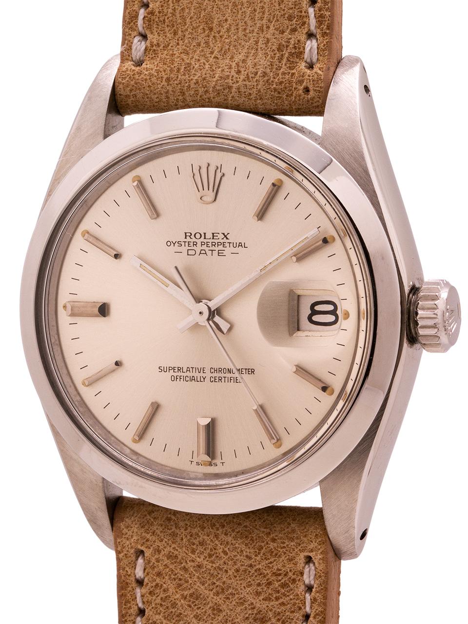 Rolex Stainless Steel Oyster Perpetual Date Ref# 1500, circa 1970 In Excellent Condition For Sale In West Hollywood, CA