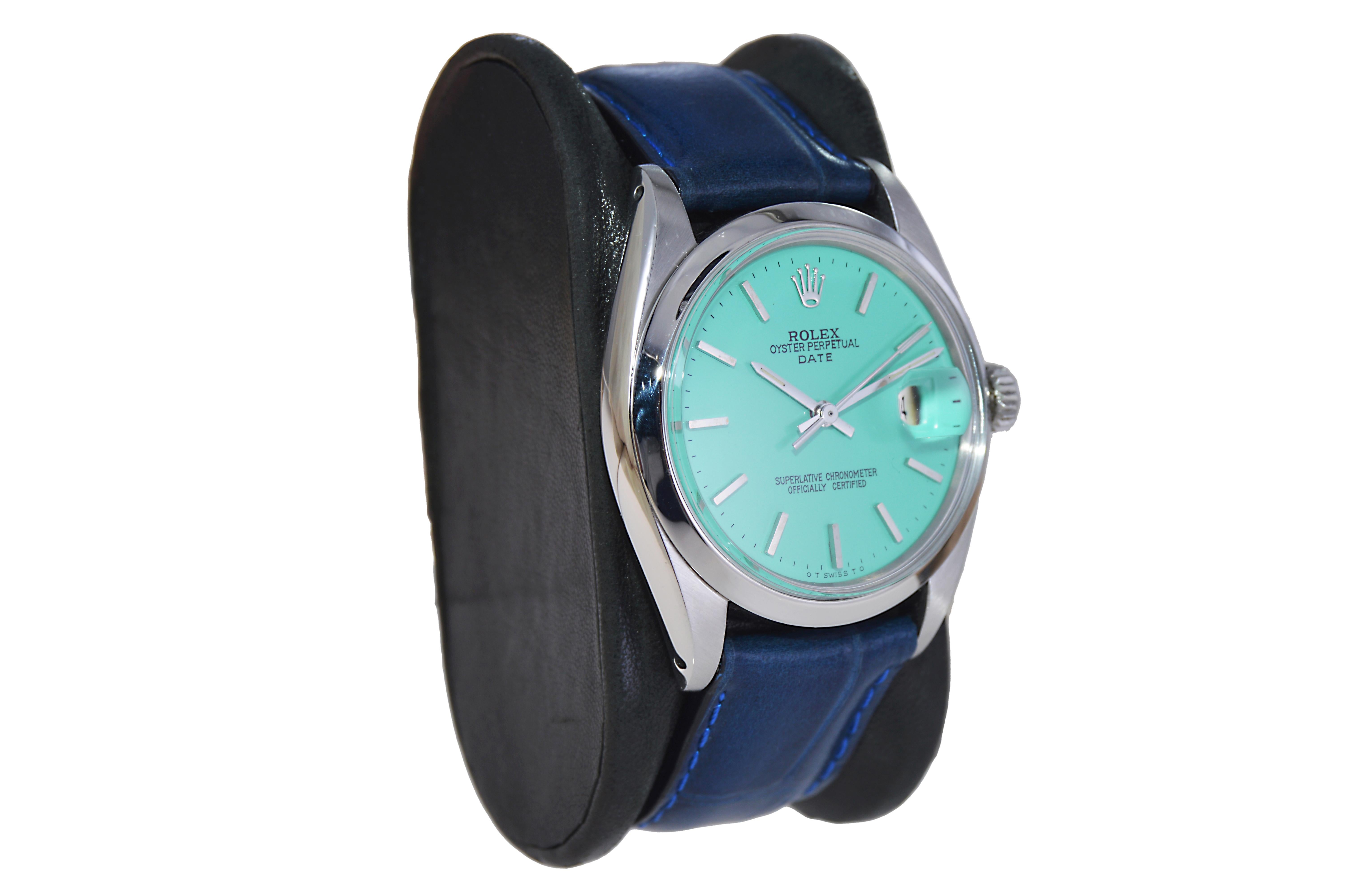 Modern Rolex Stainless Steel Oyster Perpetual Date with Custom Blue Dial 1970's For Sale