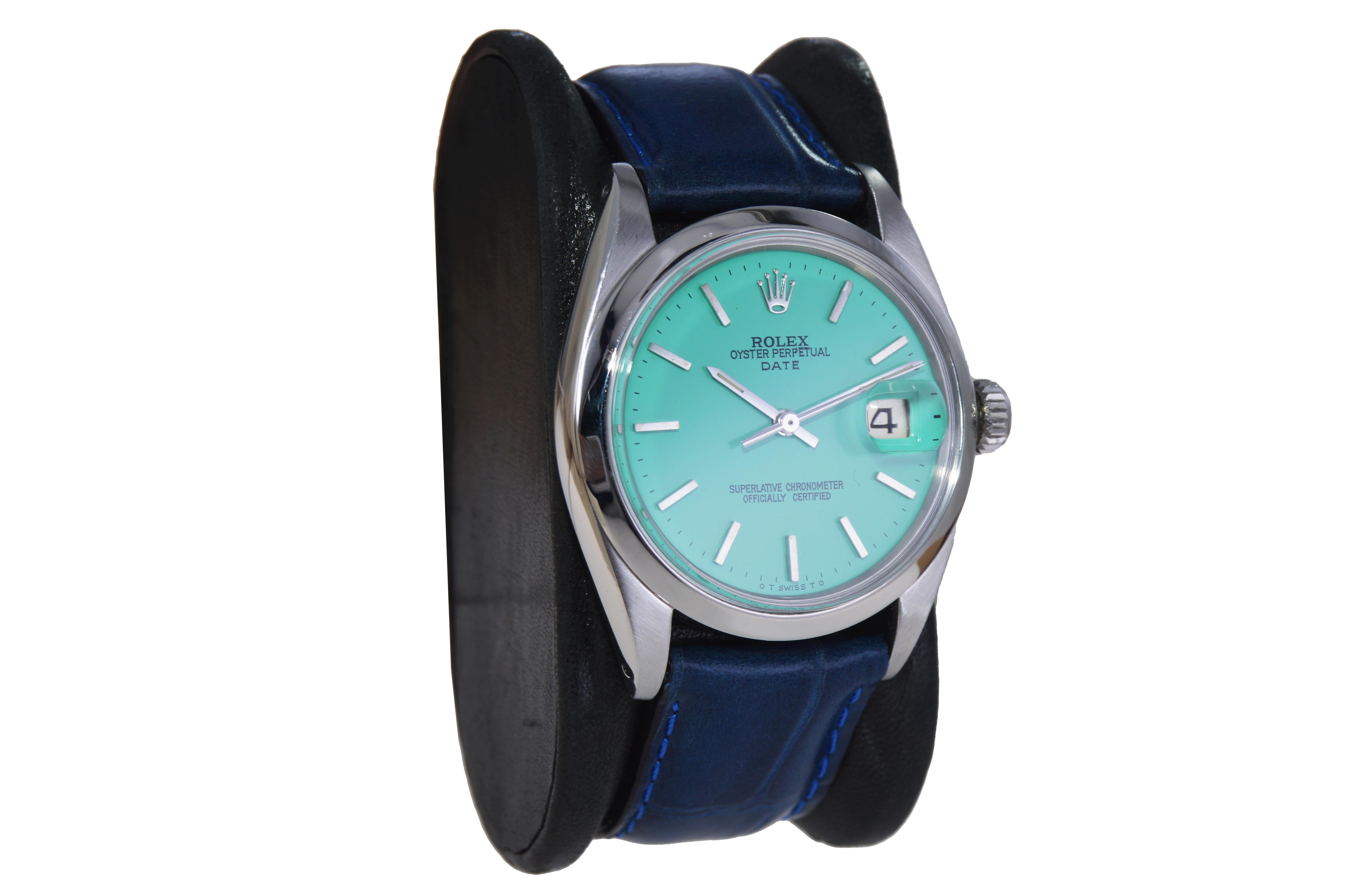 Rolex Stainless Steel Oyster Perpetual Date with Custom Blue Dial 1970's In Excellent Condition For Sale In Long Beach, CA