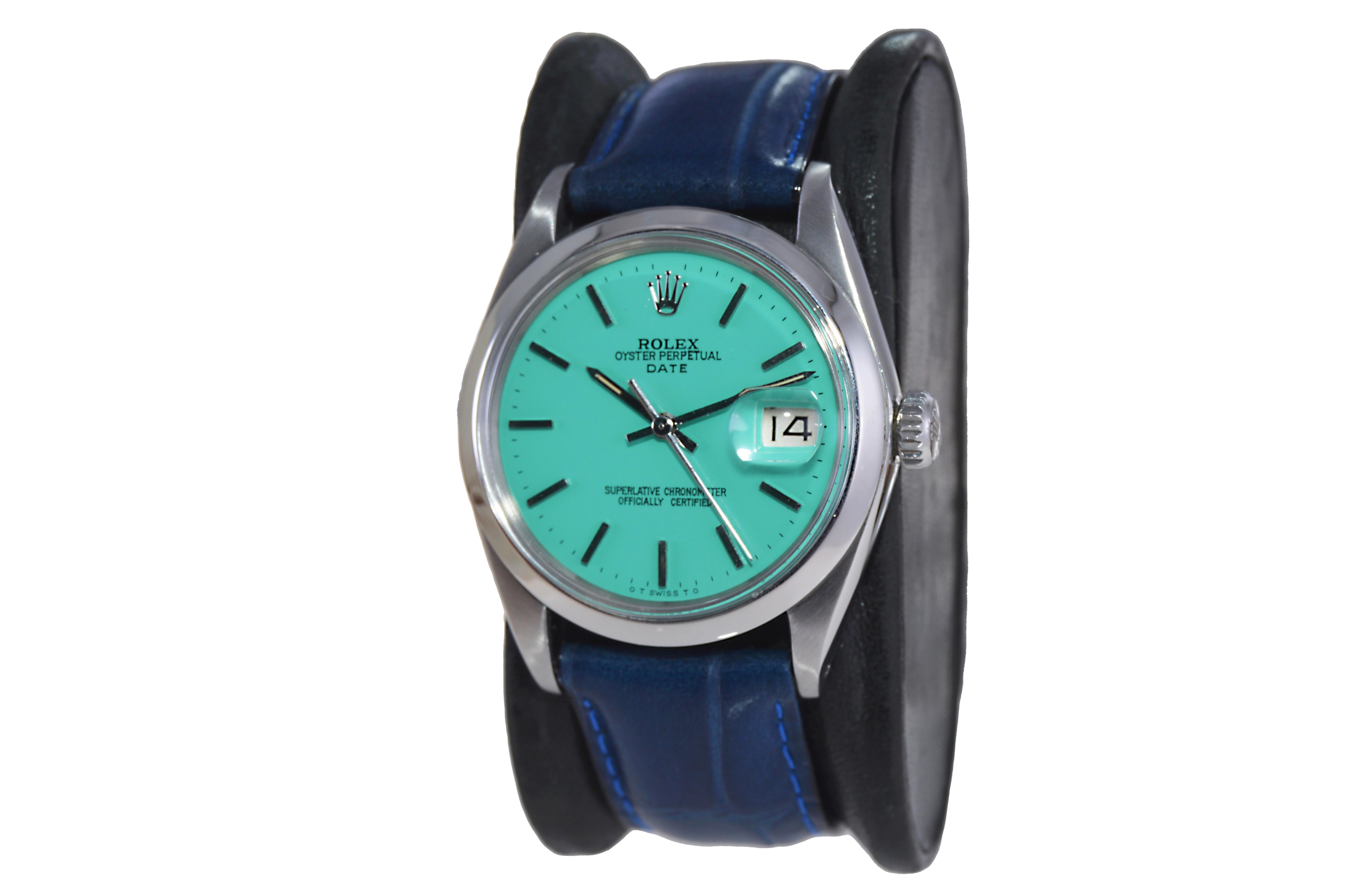 Women's or Men's Rolex Stainless Steel Oyster Perpetual Date with Custom Blue Dial 1970's For Sale