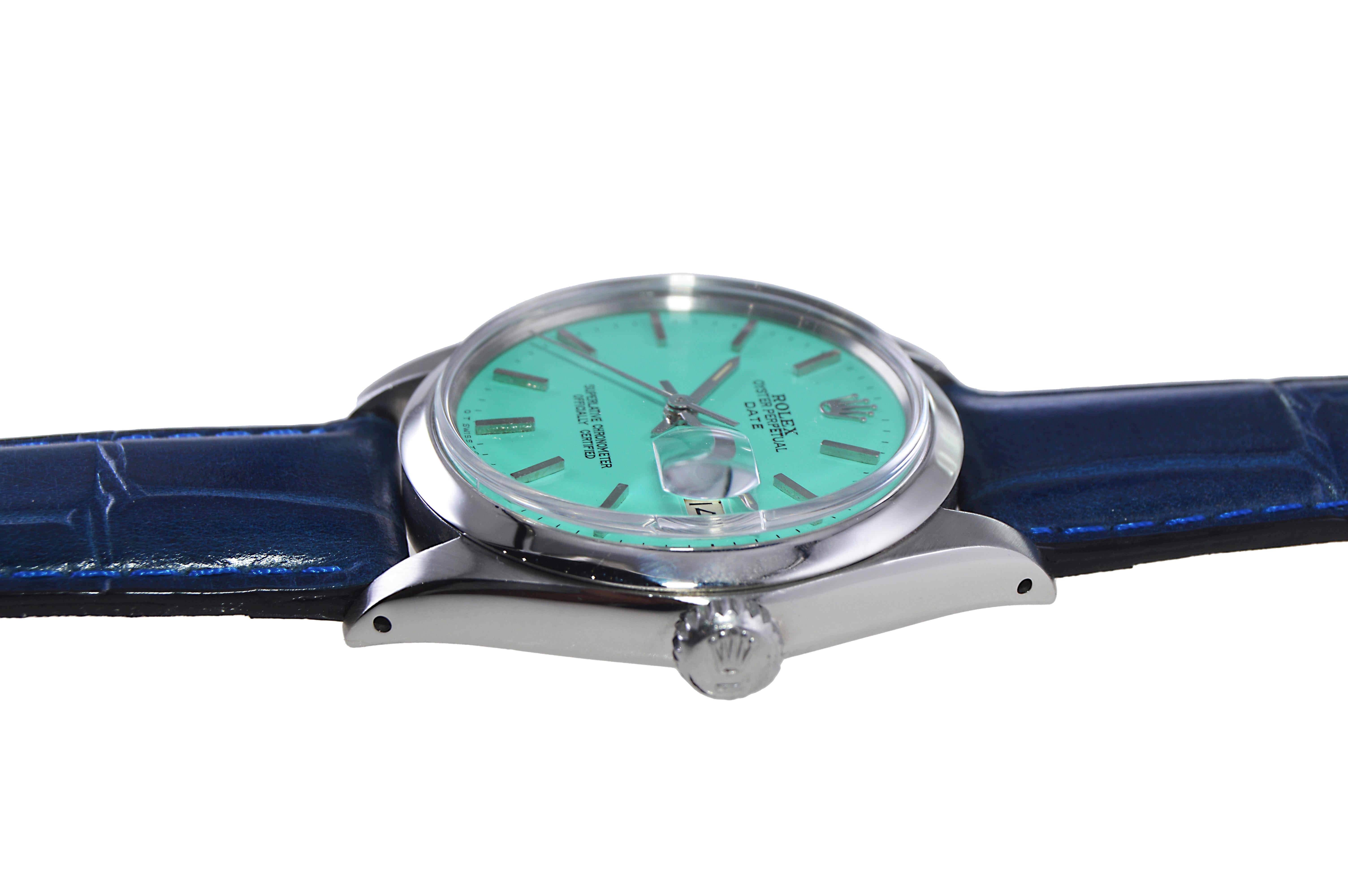 Rolex Stainless Steel Oyster Perpetual Date with Custom Blue Dial 1970's For Sale 1