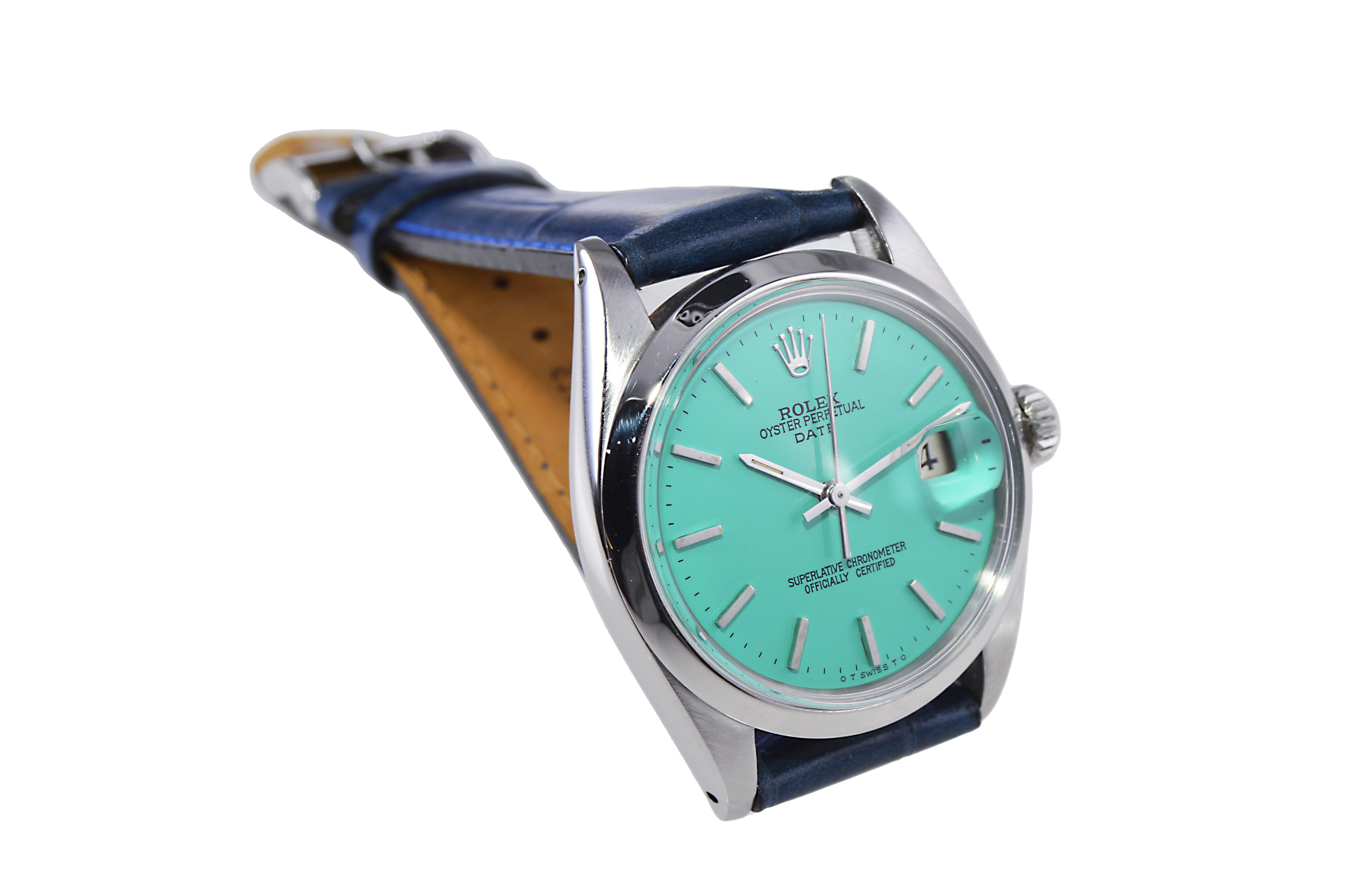Rolex Stainless Steel Oyster Perpetual Date with Custom Blue Dial 1970's For Sale 2