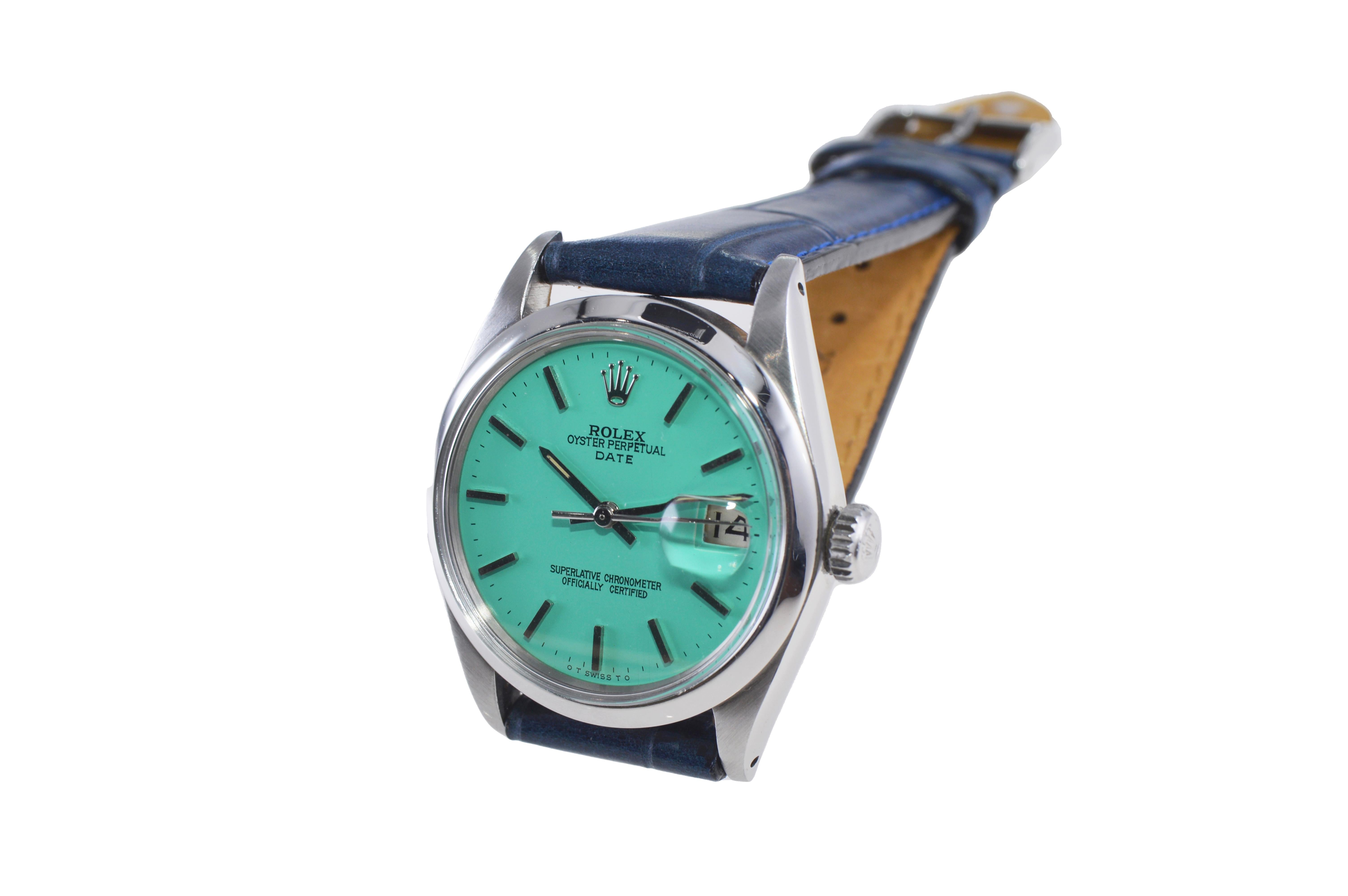 Rolex Stainless Steel Oyster Perpetual Date with Custom Blue Dial 1970's For Sale 4