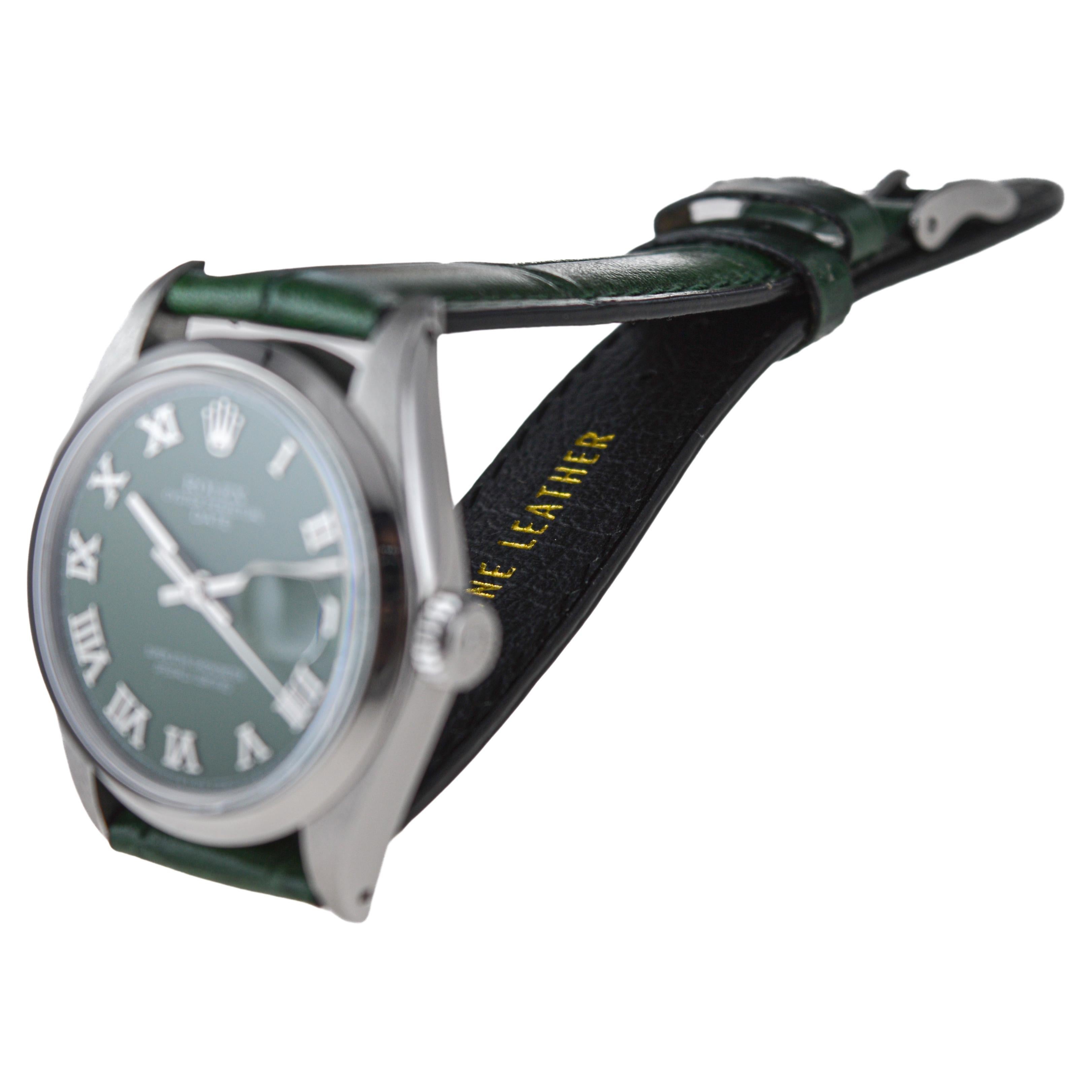 Rolex Stainless Steel Oyster Perpetual Date with Custom Green Dial circa 1970's For Sale 4