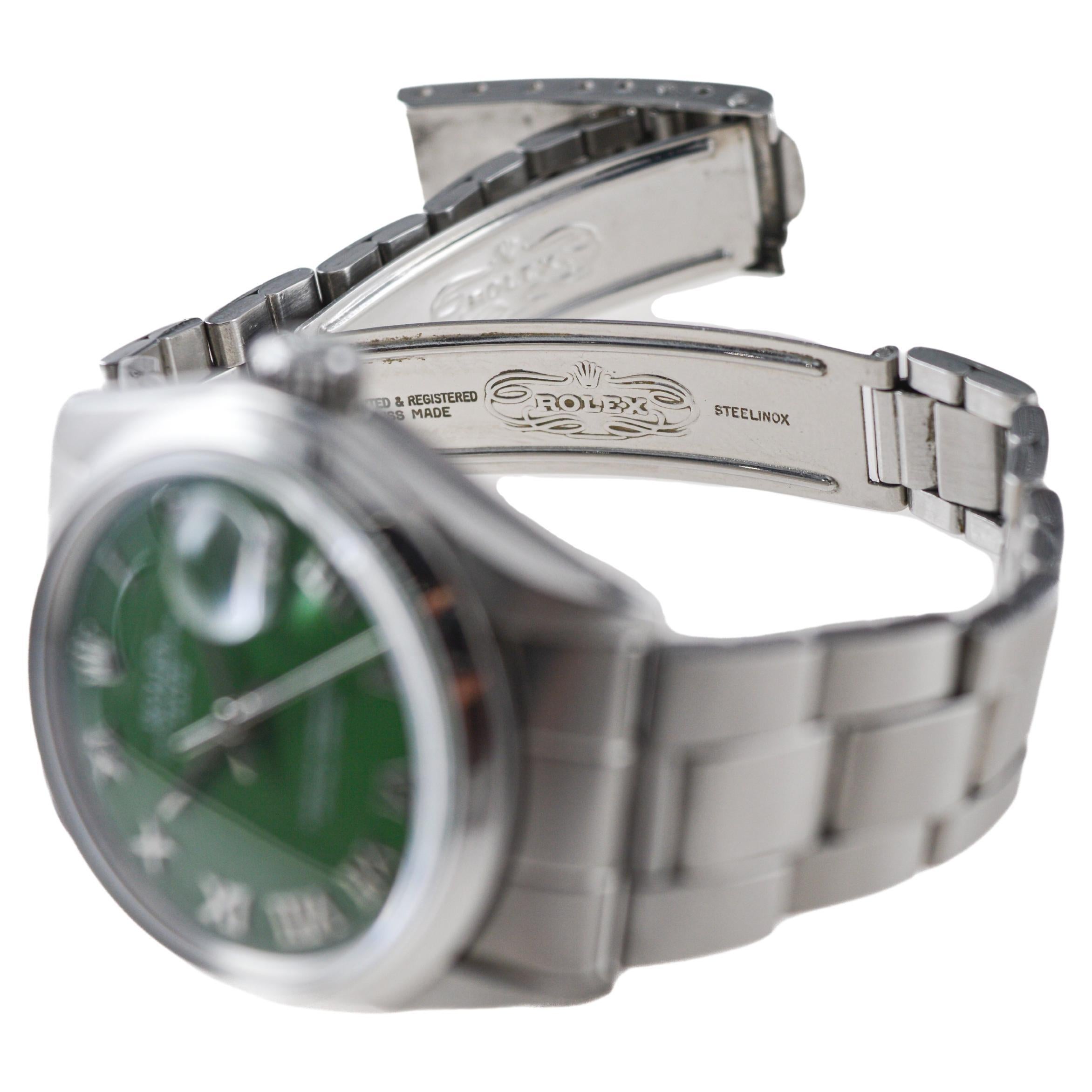 Rolex Stainless Steel Oyster Perpetual Date with Custom Green Dial circa 1970's For Sale 6