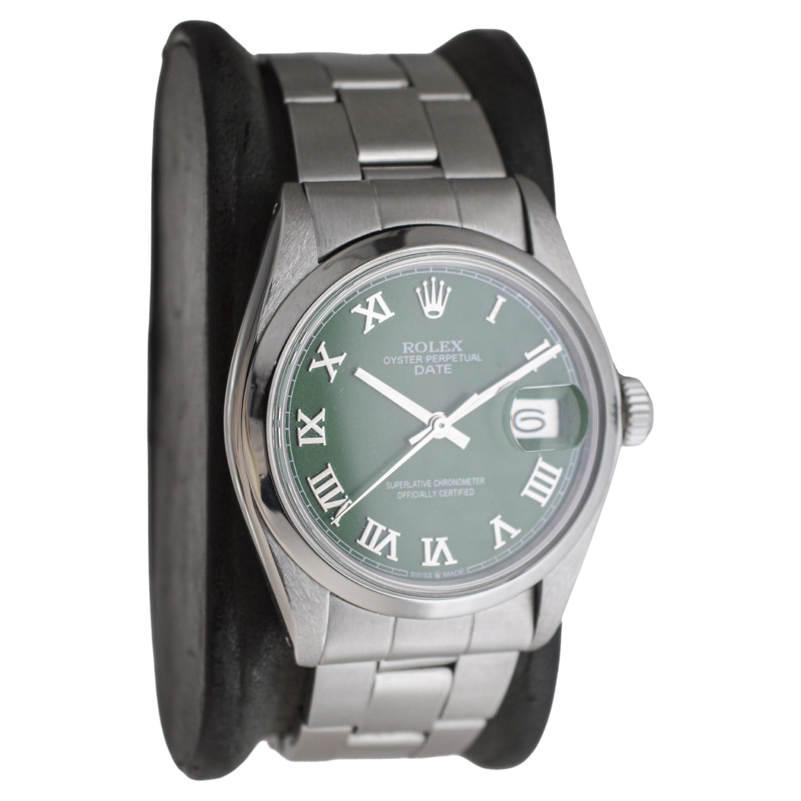 Modern Rolex Stainless Steel Oyster Perpetual Date with Custom Green Dial circa 1970's For Sale