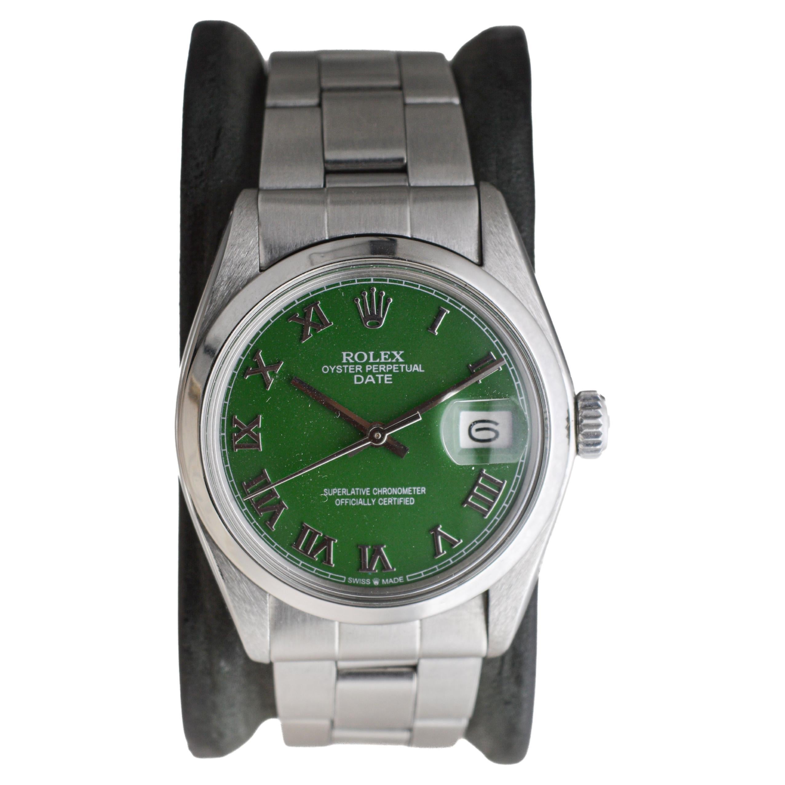 Rolex Stainless Steel Oyster Perpetual Date with Custom Green Dial circa 1970's In Excellent Condition For Sale In Long Beach, CA