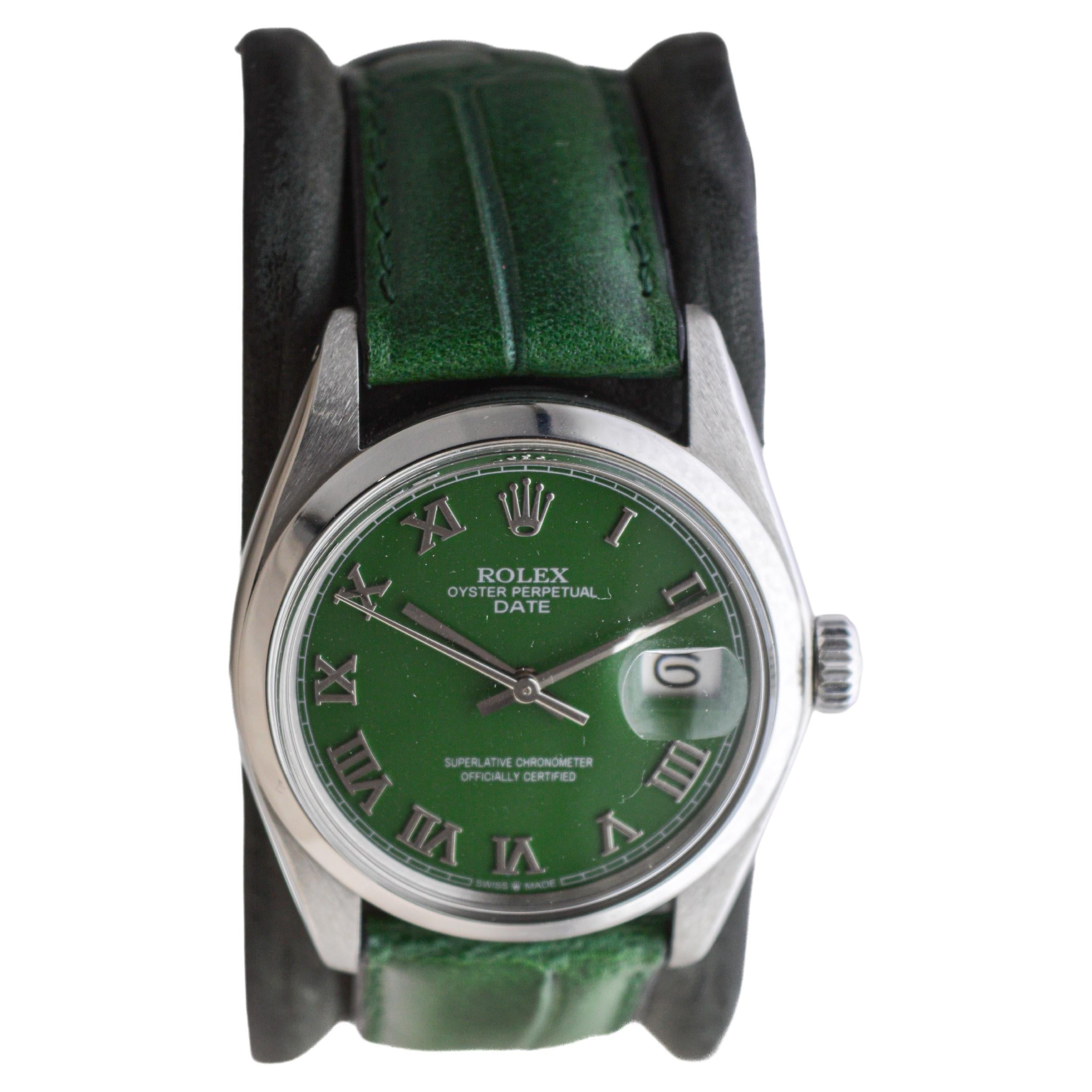 Modern Rolex Stainless Steel Oyster Perpetual Date with Custom Green Dial circa 1970's For Sale