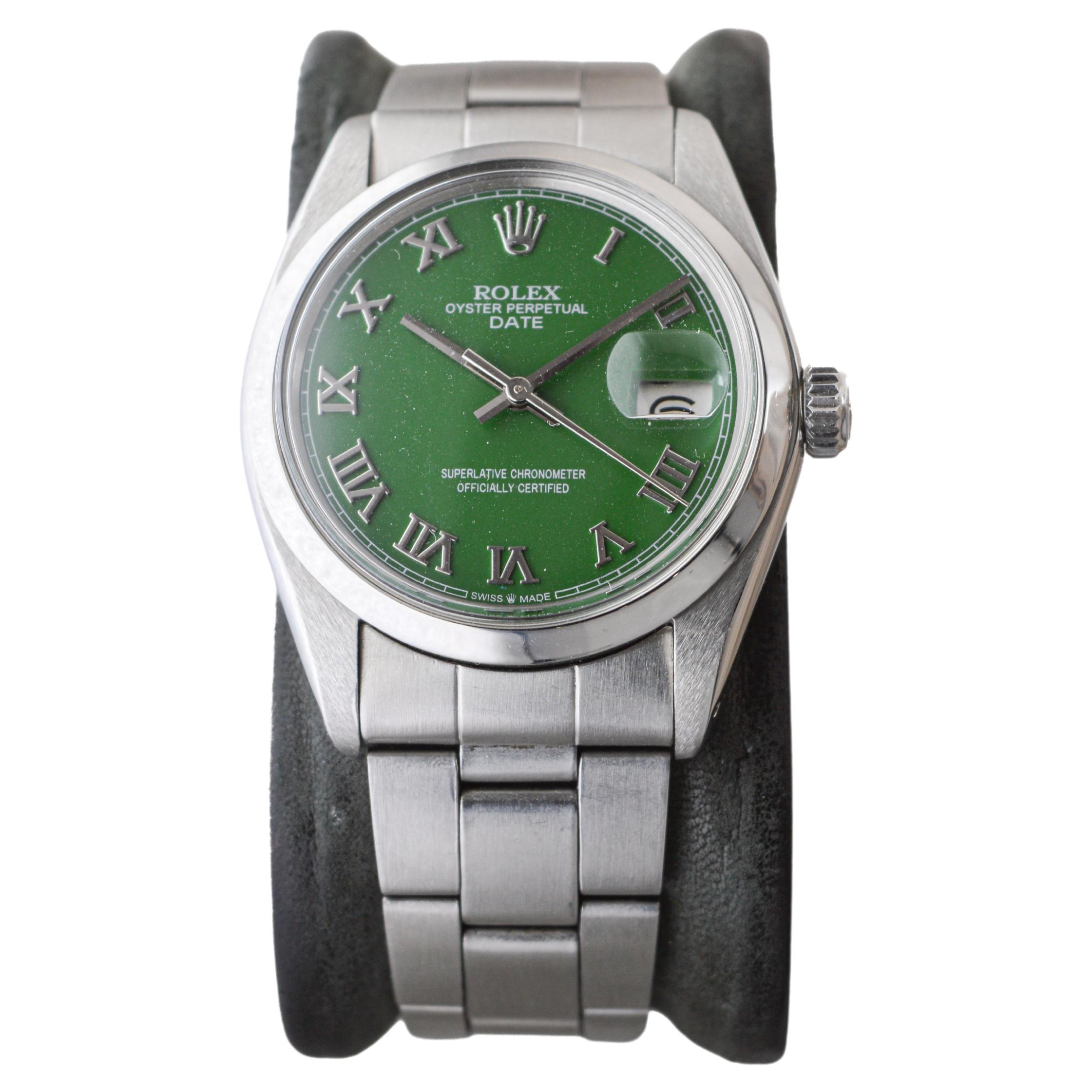 Women's or Men's Rolex Stainless Steel Oyster Perpetual Date with Custom Green Dial circa 1970's For Sale