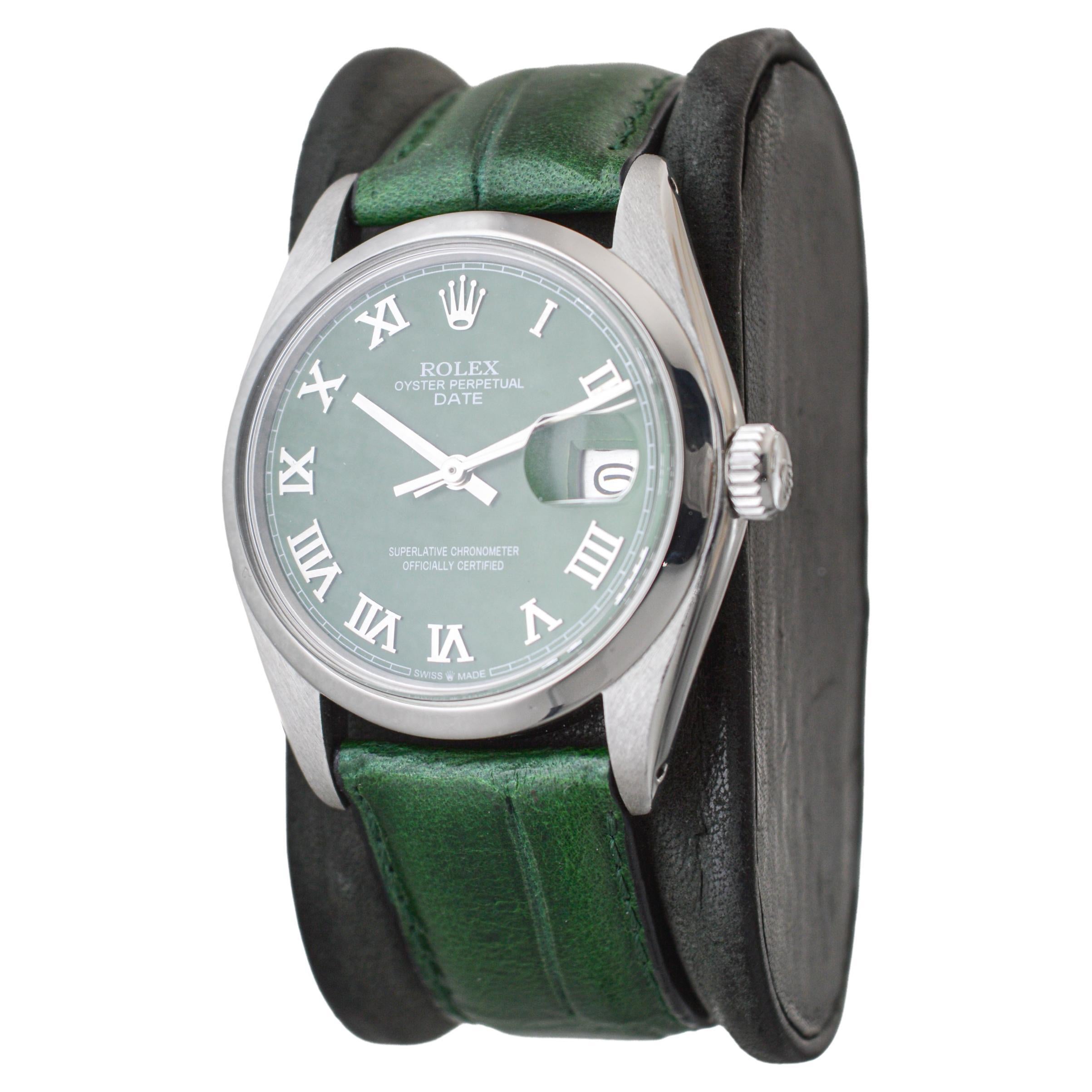 Rolex Stainless Steel Oyster Perpetual Date with Custom Green Dial circa 1970's In Excellent Condition For Sale In Long Beach, CA