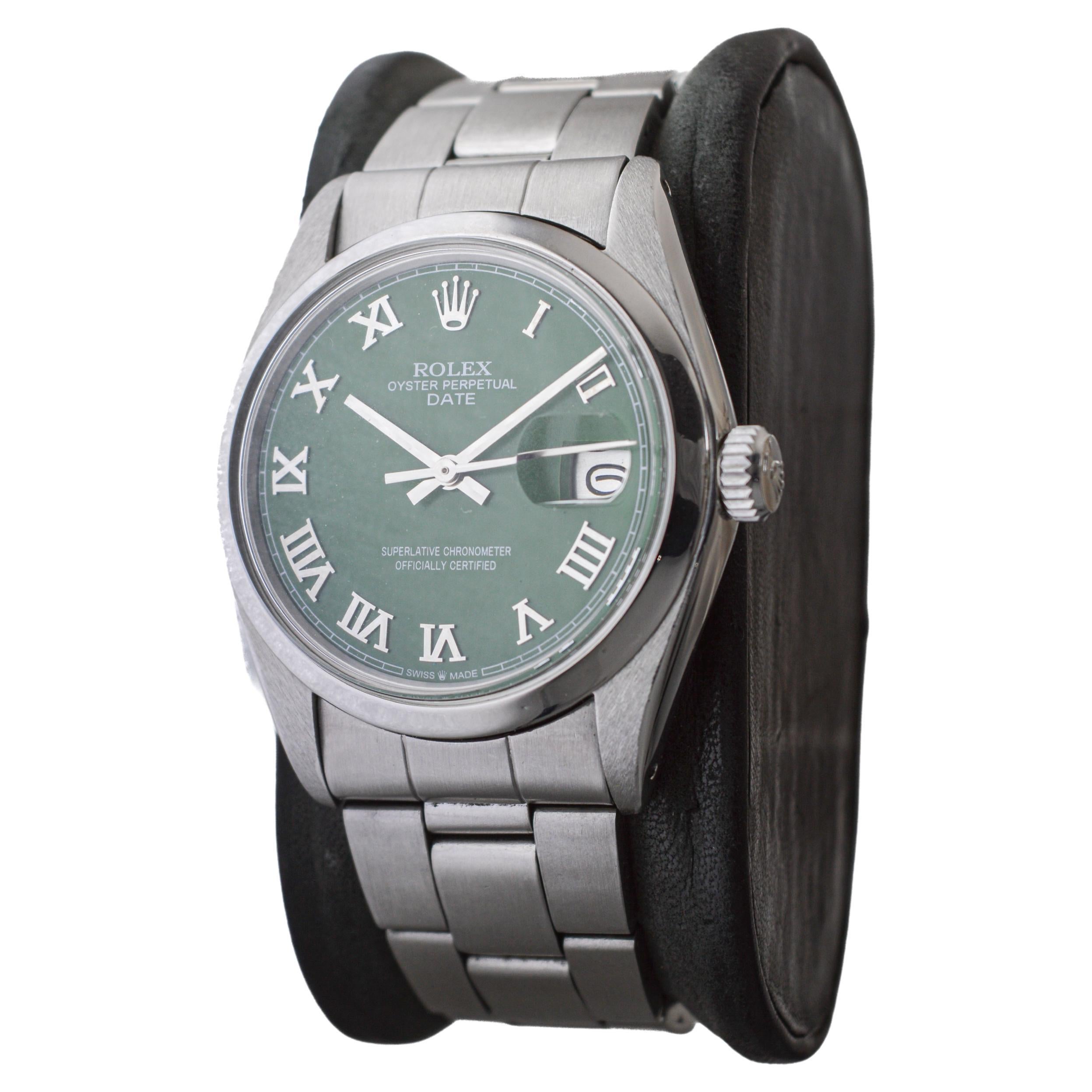 Rolex Stainless Steel Oyster Perpetual Date with Custom Green Dial circa 1970's For Sale 1