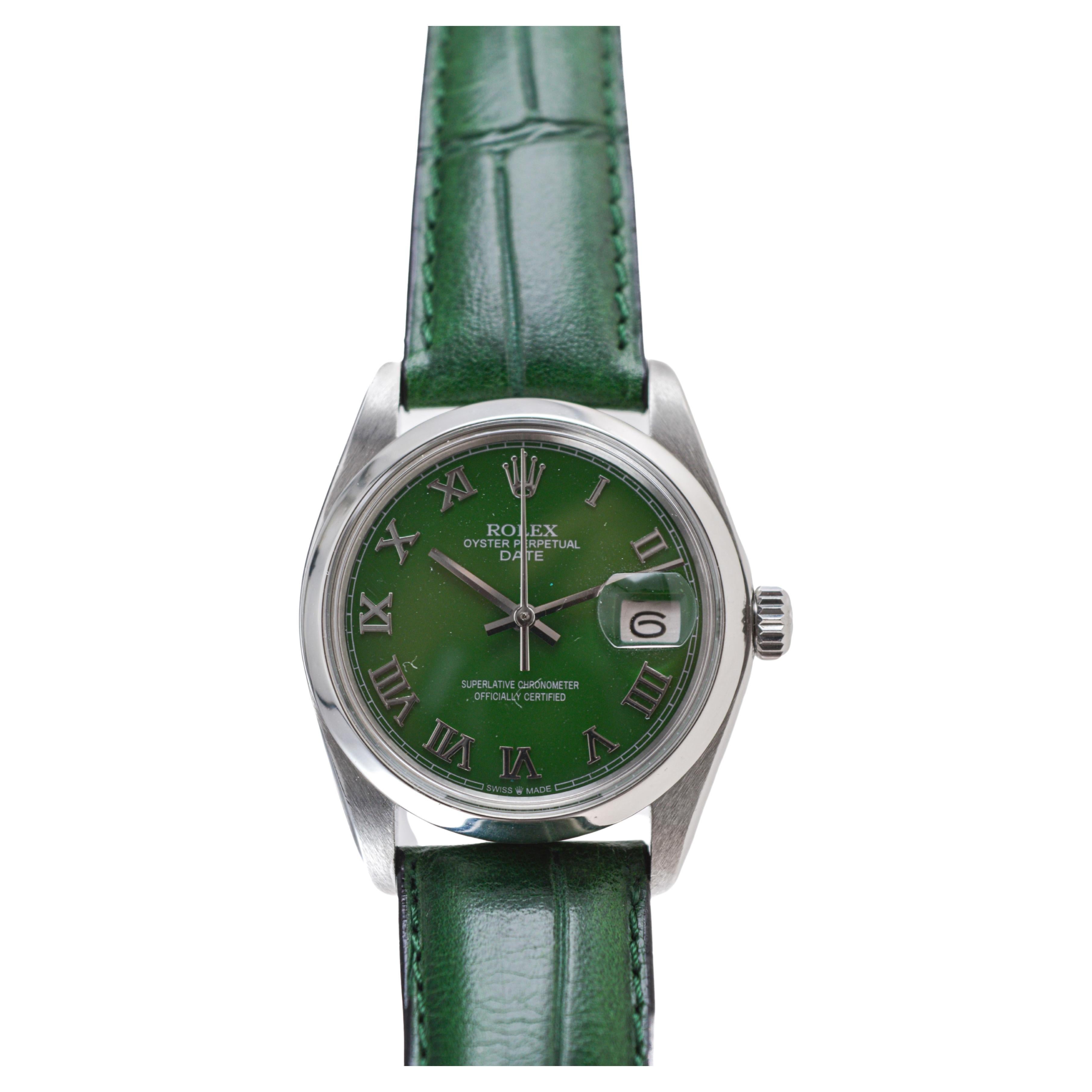 Women's or Men's Rolex Stainless Steel Oyster Perpetual Date with Custom Green Dial circa 1970's For Sale