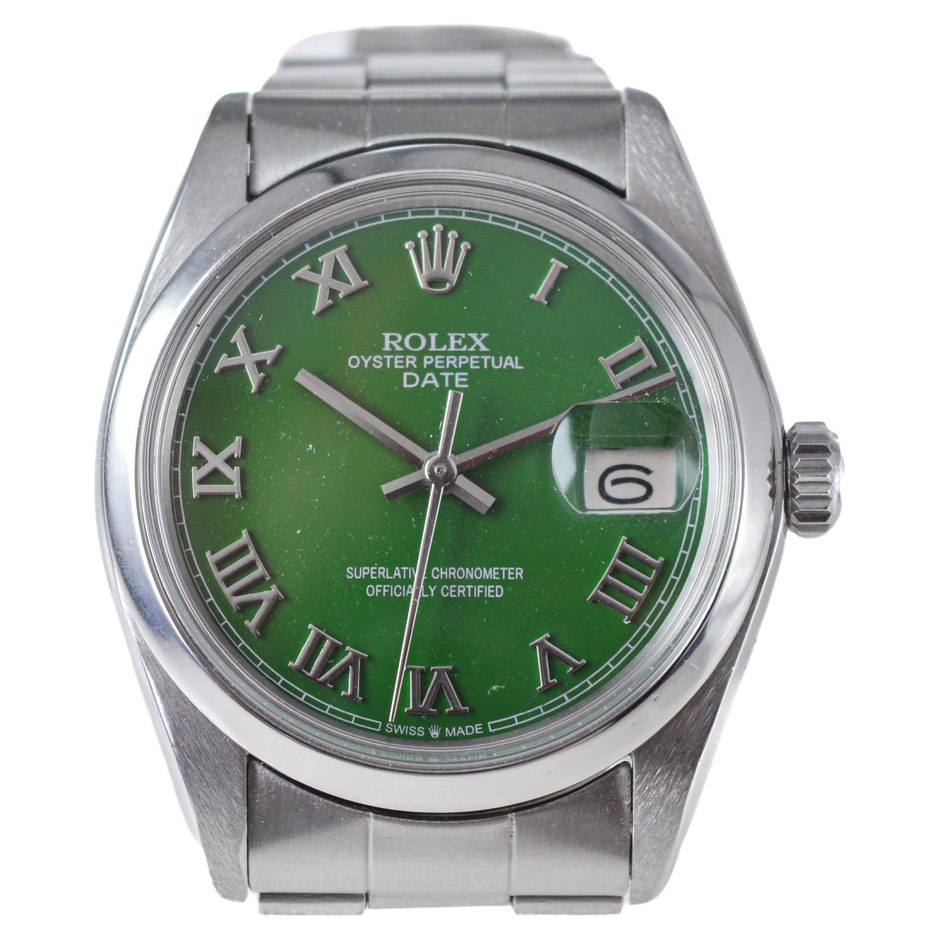 Rolex Stainless Steel Oyster Perpetual Date with Custom Green Dial circa 1970's For Sale 2