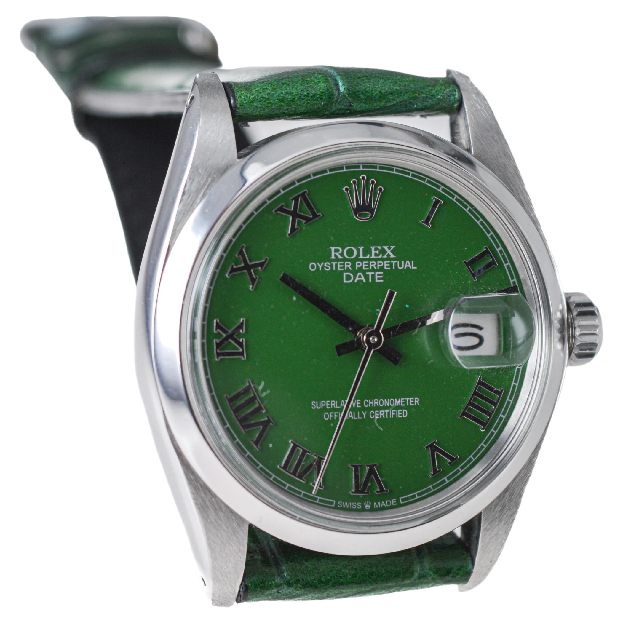 Rolex Stainless Steel Oyster Perpetual Date with Custom Green Dial circa 1970's For Sale 1