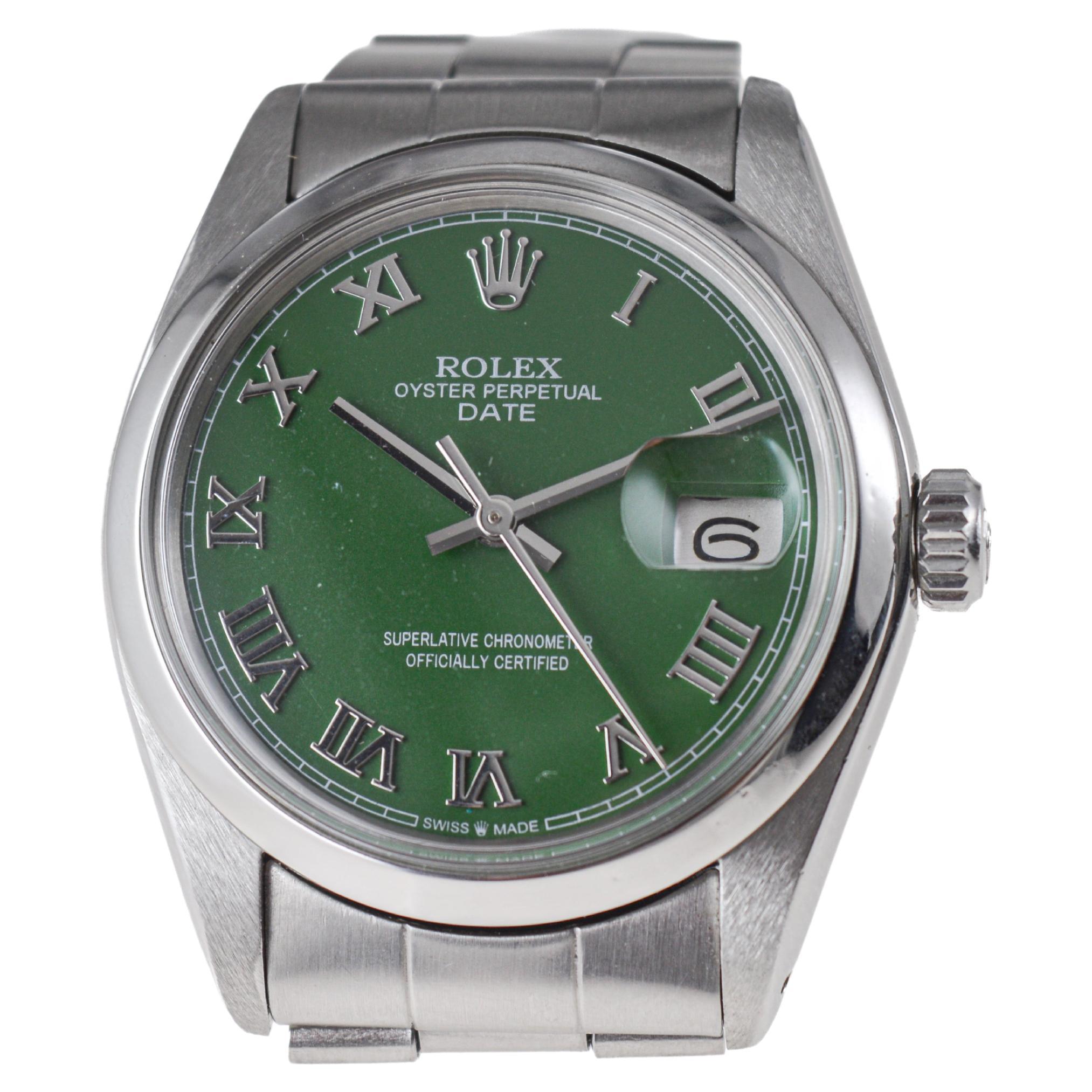 Rolex Stainless Steel Oyster Perpetual Date with Custom Green Dial circa 1970's For Sale 3
