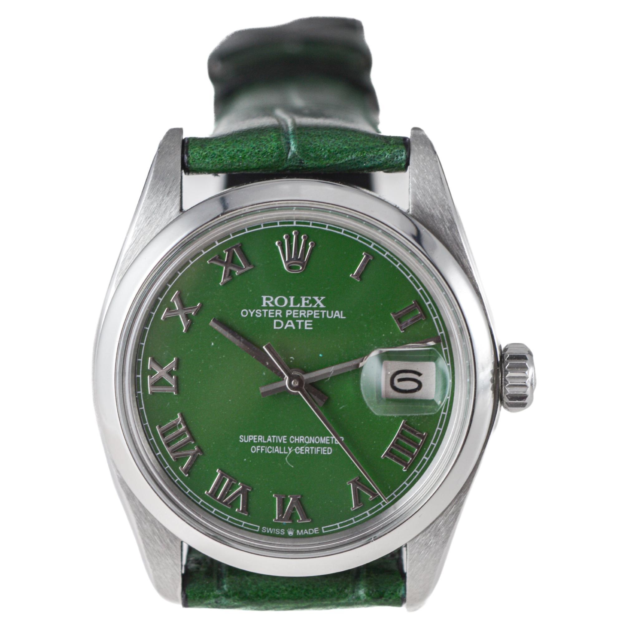 Rolex Stainless Steel Oyster Perpetual Date with Custom Green Dial circa 1970's For Sale 2