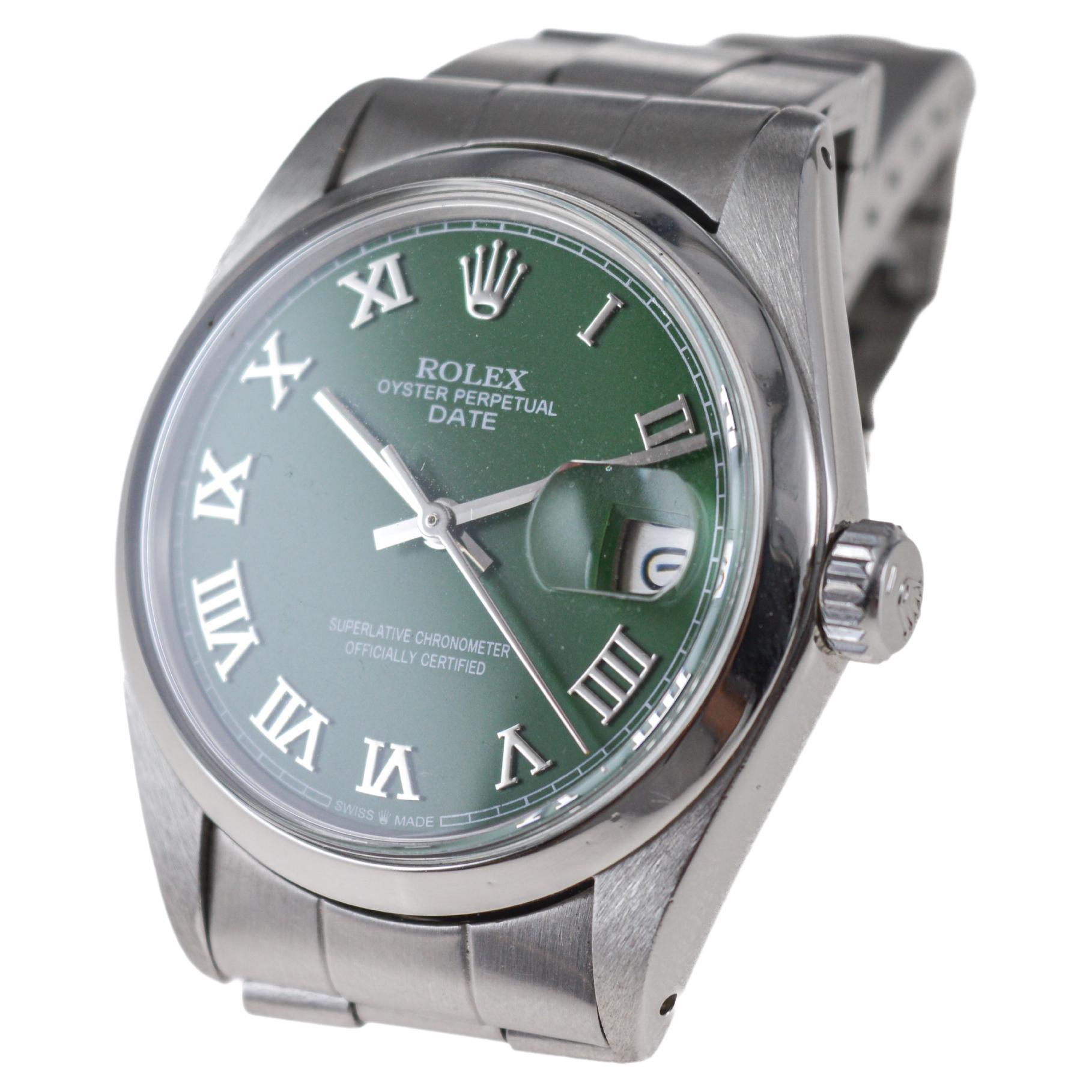 Rolex Stainless Steel Oyster Perpetual Date with Custom Green Dial circa 1970's For Sale 4