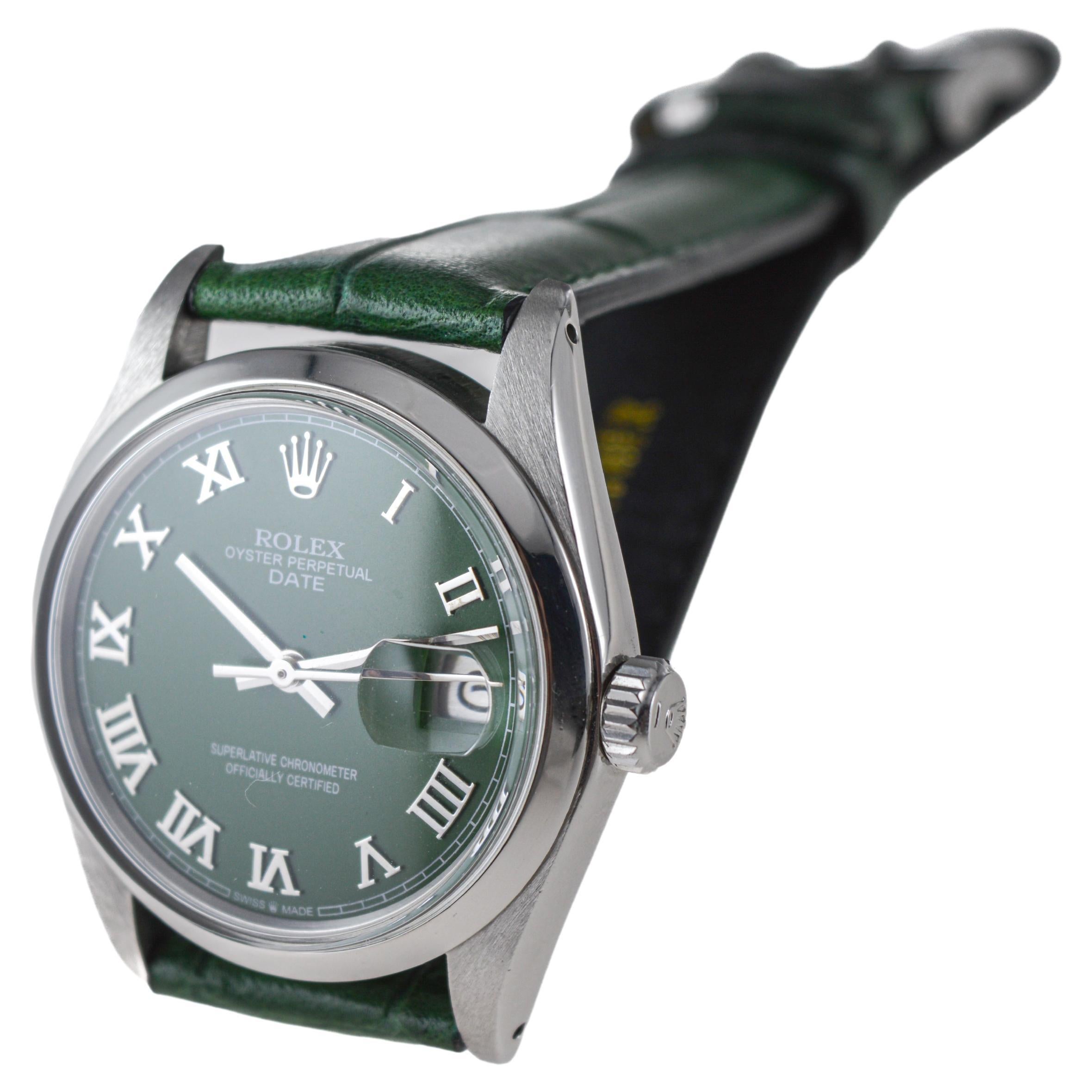 Rolex Stainless Steel Oyster Perpetual Date with Custom Green Dial circa 1970's For Sale 3