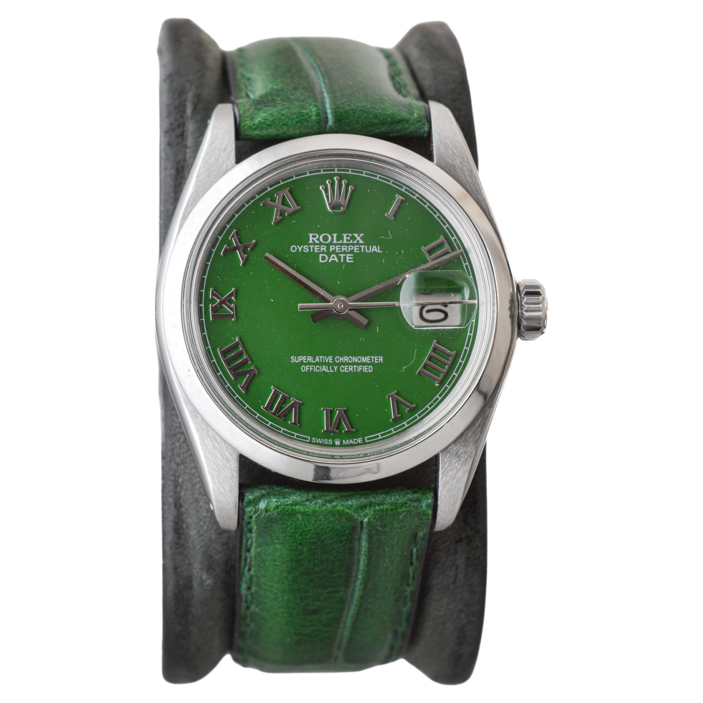 Rolex Oyster Perpetual Date en acier inoxydable avec cadran vert personnalisé circa 1970's
