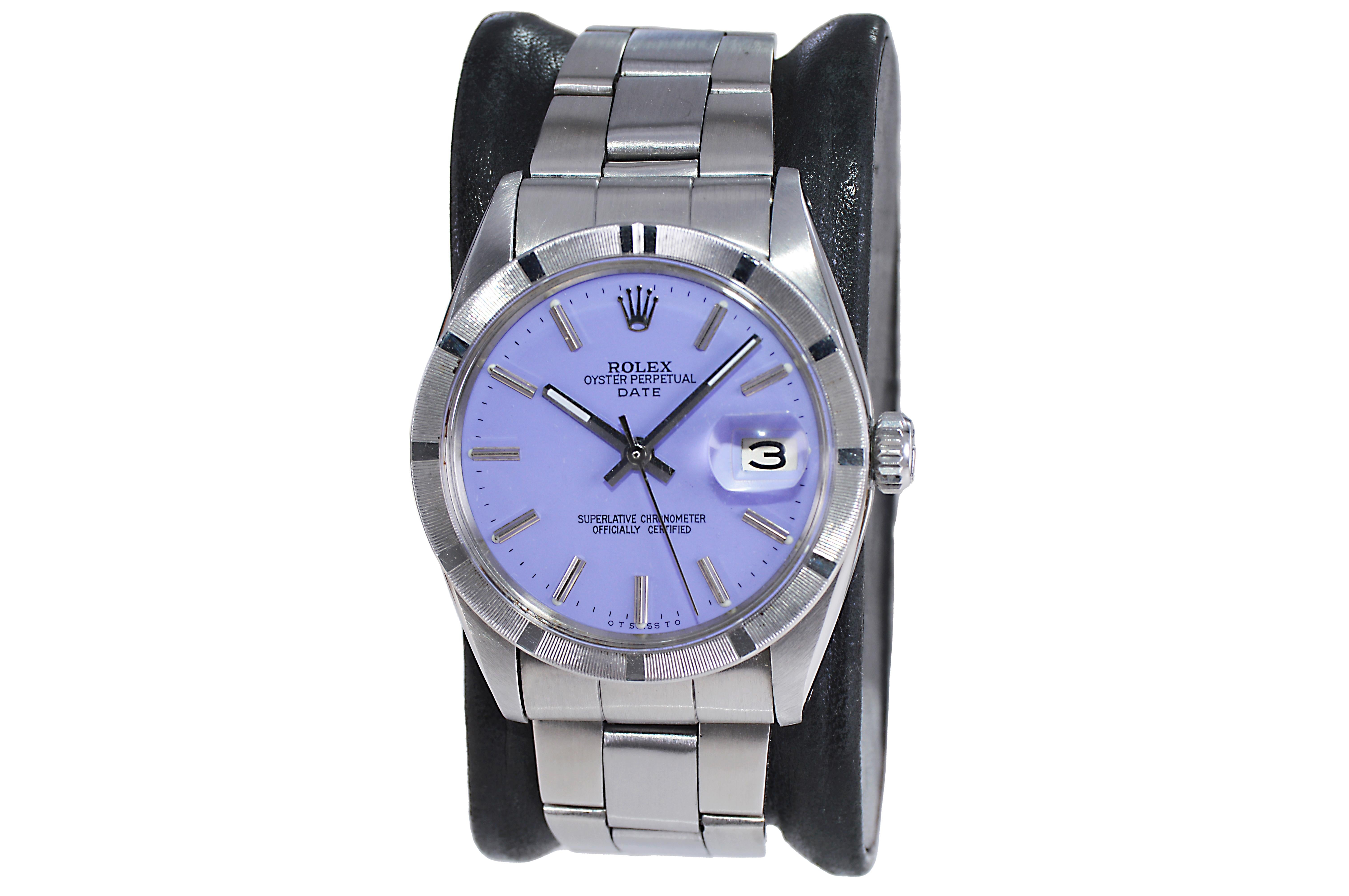Rolex Stainless Steel Oyster Perpetual Date with Custom Lavender Dial Mid 1960's In Excellent Condition For Sale In Long Beach, CA