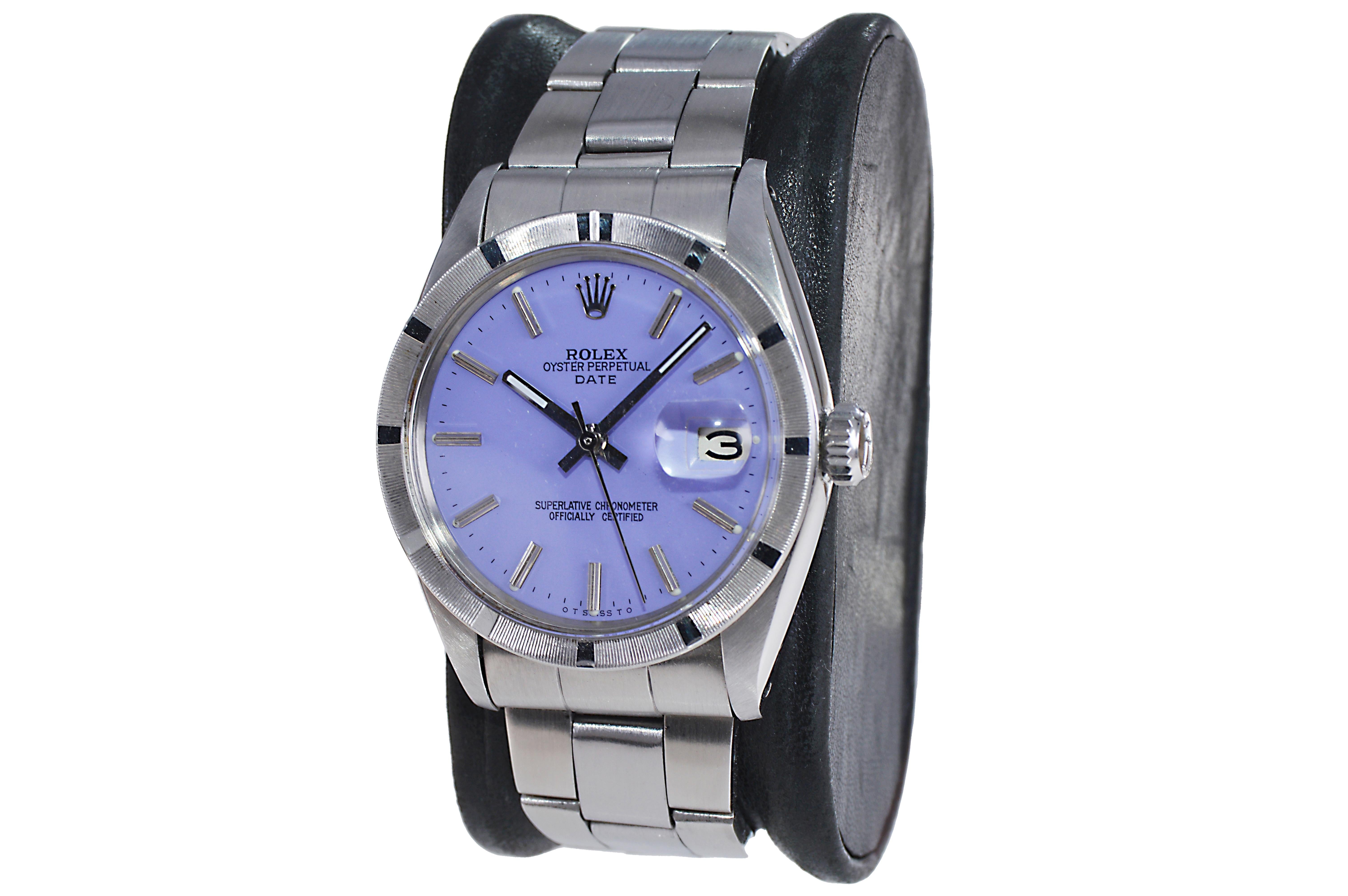 Women's or Men's Rolex Stainless Steel Oyster Perpetual Date with Custom Lavender Dial Mid 1960's For Sale