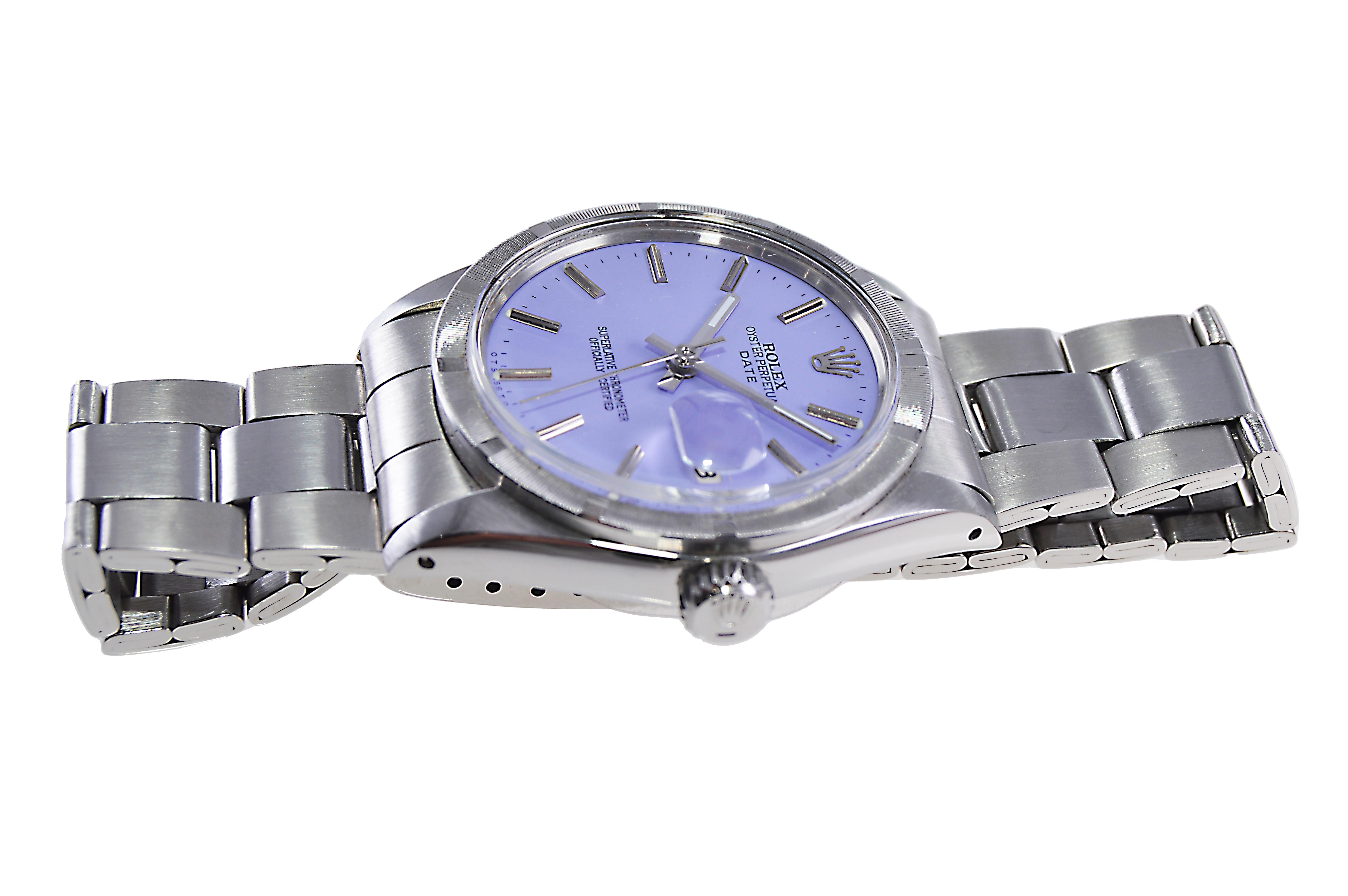 Rolex Stainless Steel Oyster Perpetual Date with Custom Lavender Dial Mid 1960's For Sale 1