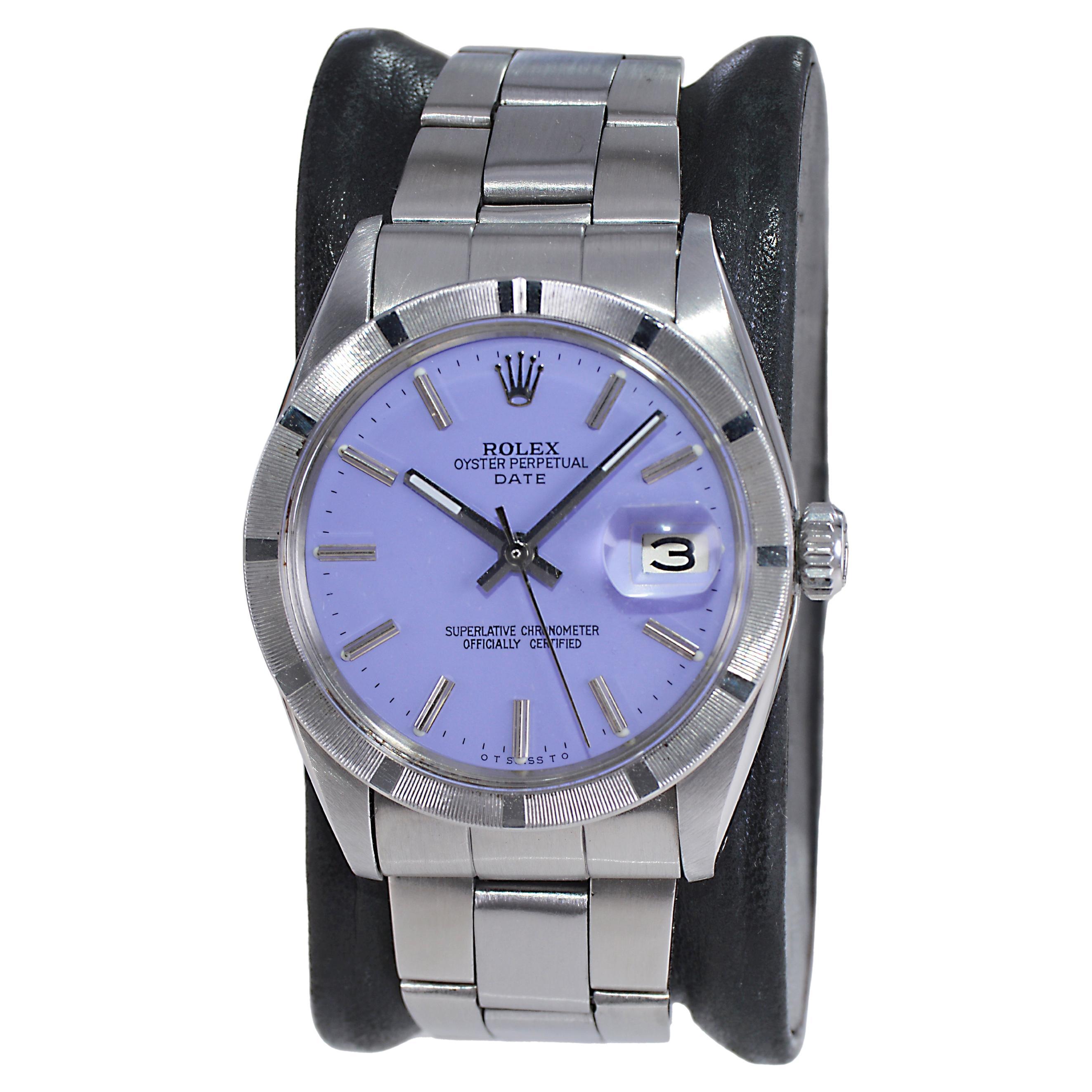 Rolex Stainless Steel Oyster Perpetual Date with Custom Lavender Dial Mid 1960's For Sale