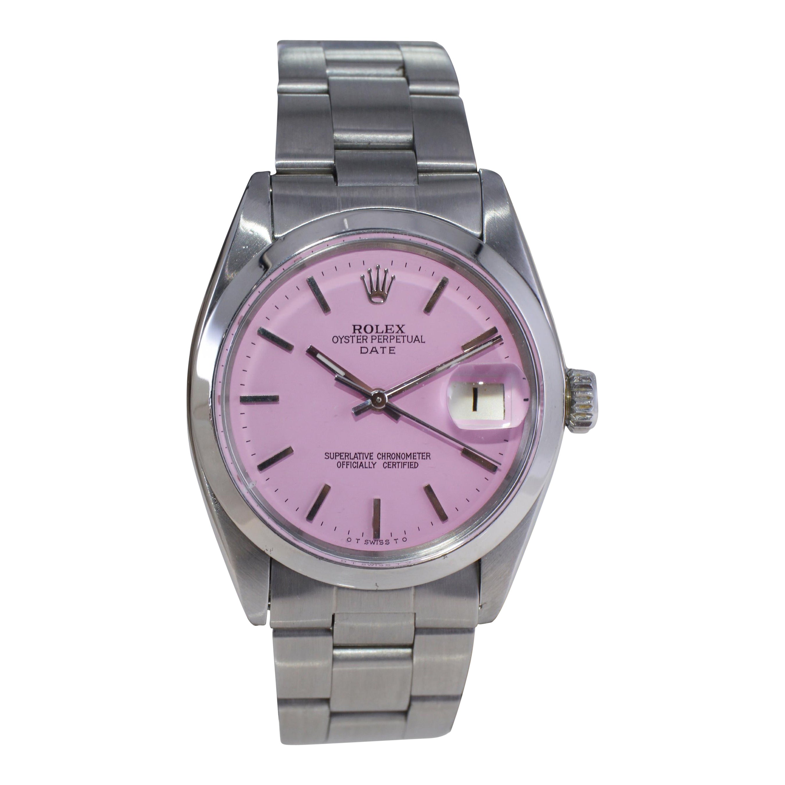 Rolex Acero inoxidable Oyster Perpetual Date con esfera rosa hecha a medida Años 60