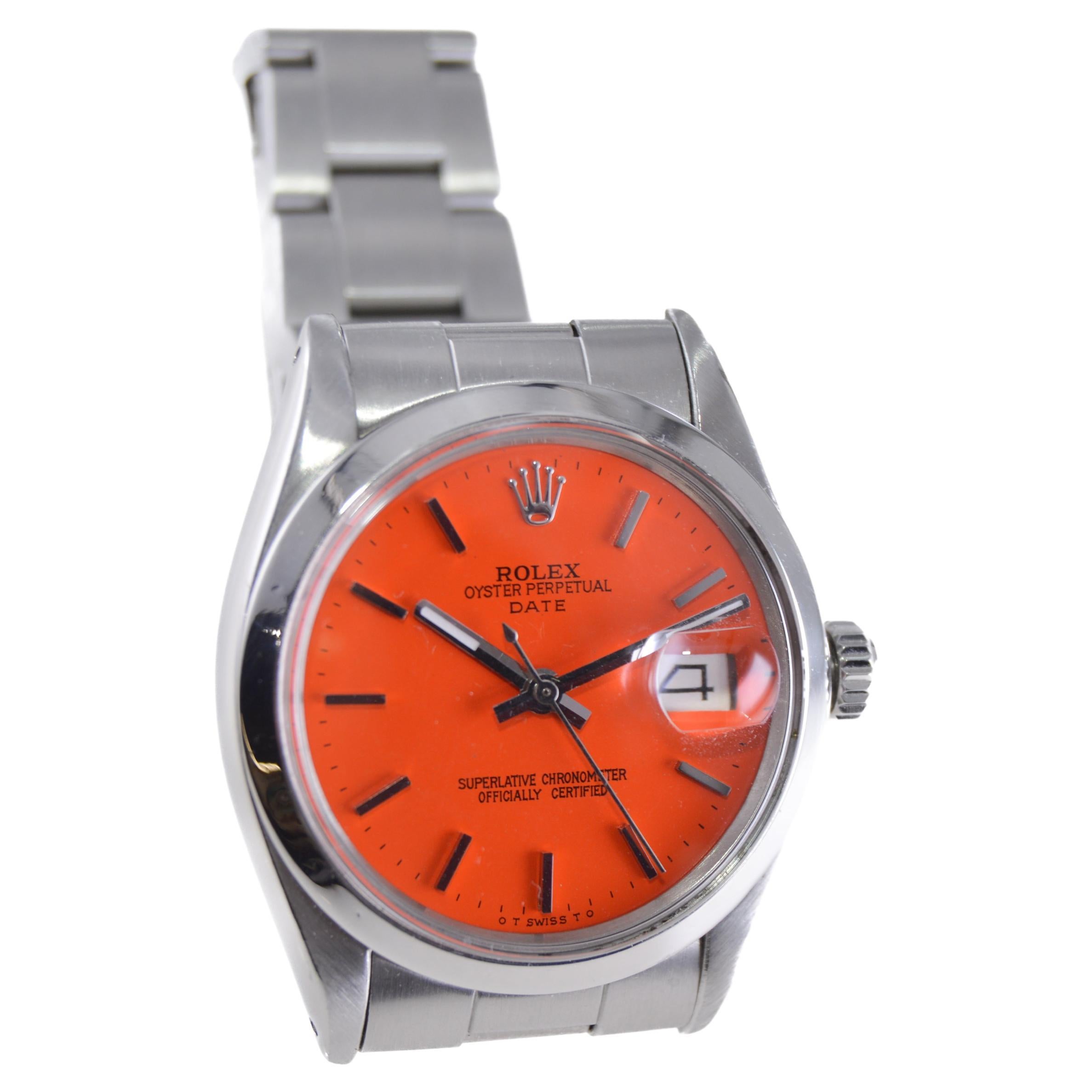 Rolex Stainless Steel Oyster Perpetual Date with Custom Orange Dial 1960s In Excellent Condition In Long Beach, CA