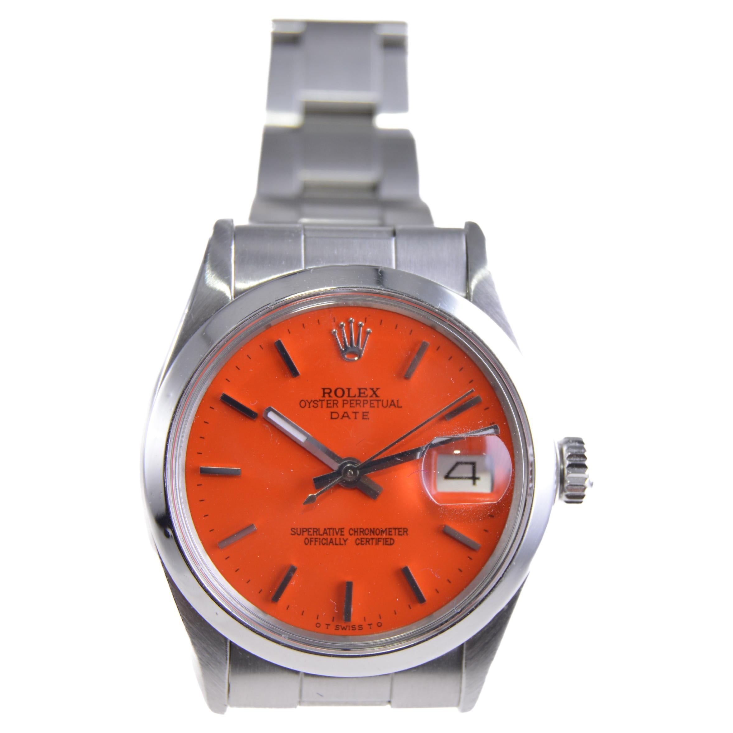 Modern Rolex Stainless Steel Oyster Perpetual Date with Custom Orange Dial 1970s For Sale