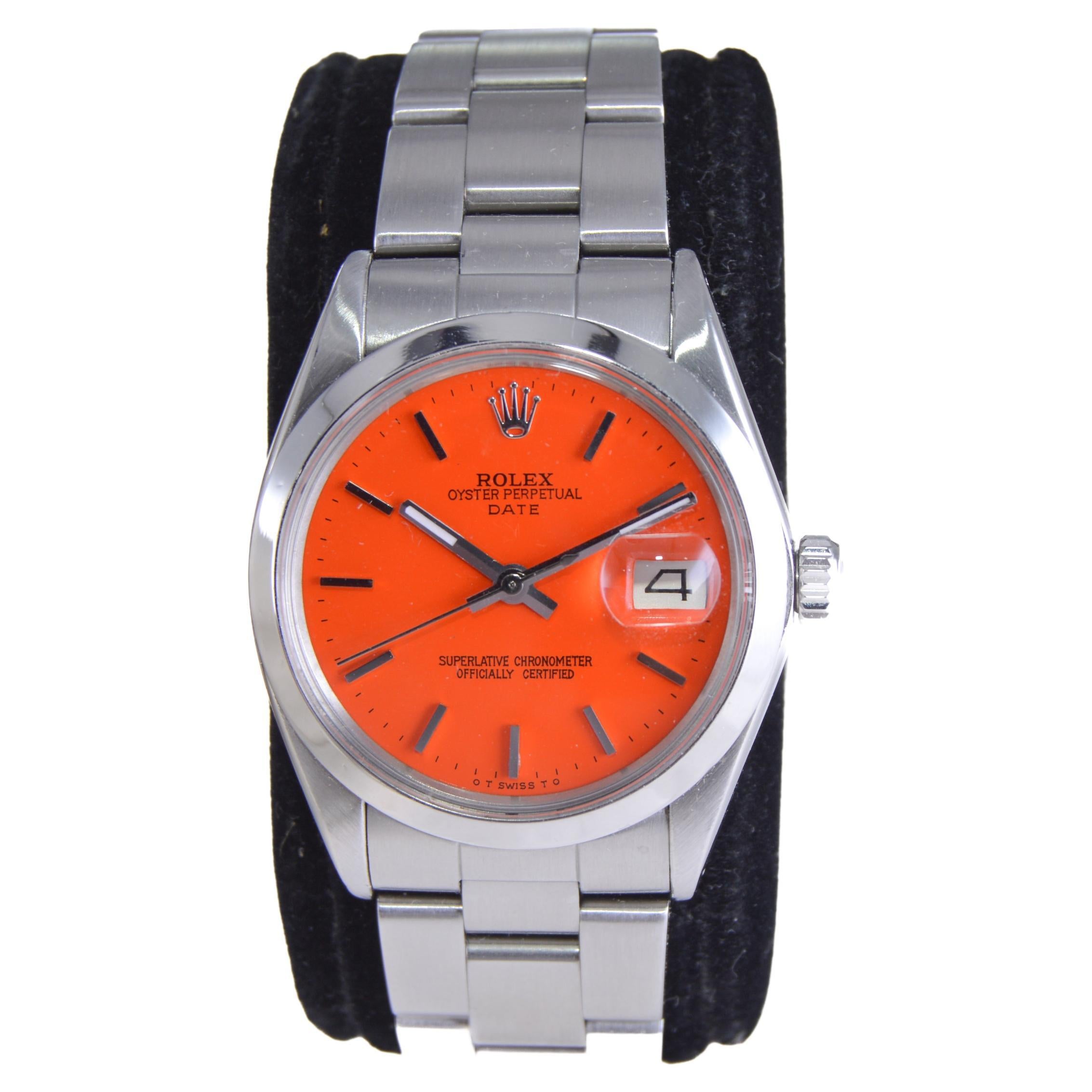 Rolex Montre Oyster Perpetual Date en acier inoxydable avec cadran orange personnalisé, années 1970