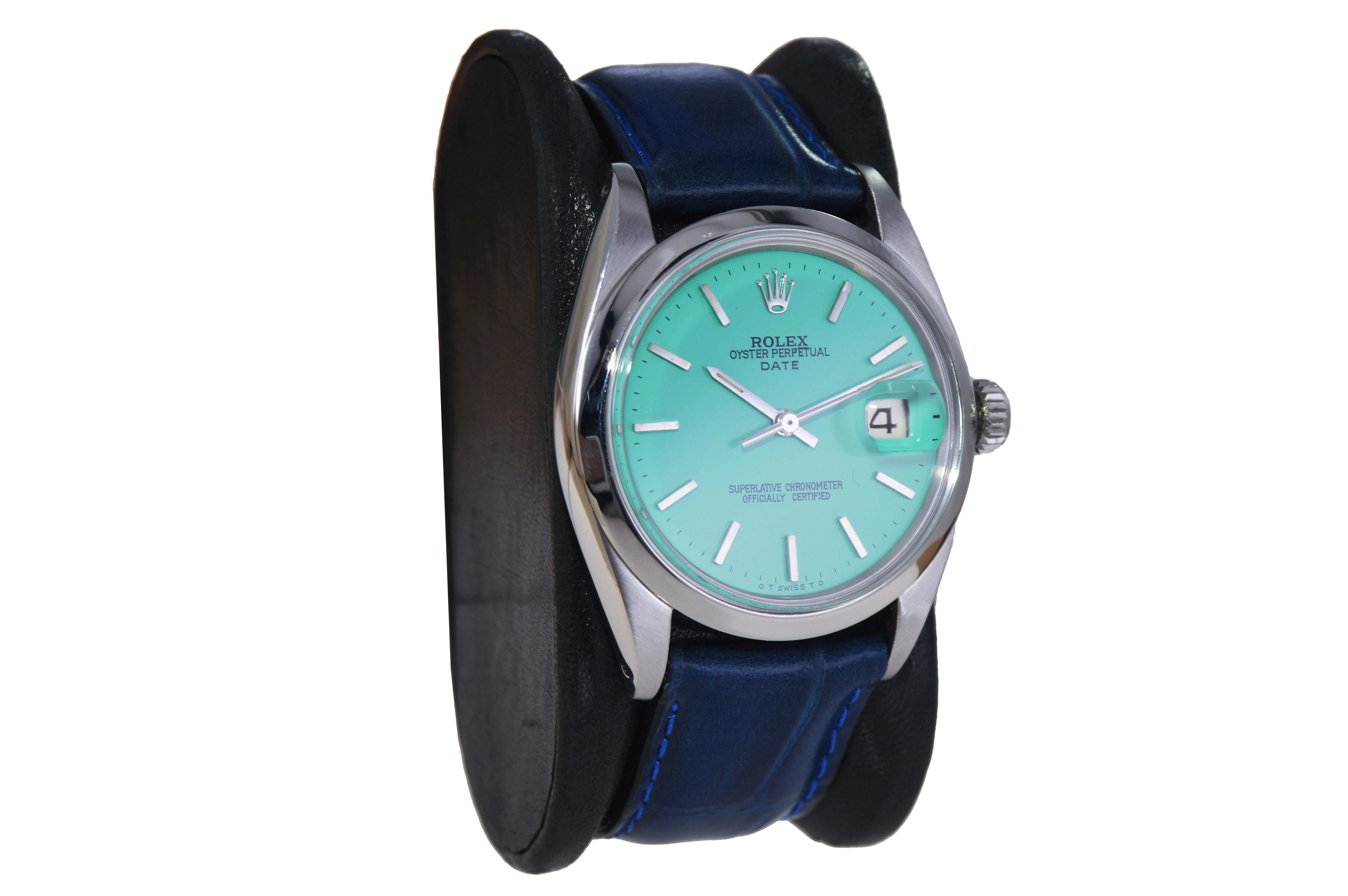 Modern Rolex Stainless Steel Oyster Perpetual Date with Custom Tiffany Blue Dial 1960's For Sale