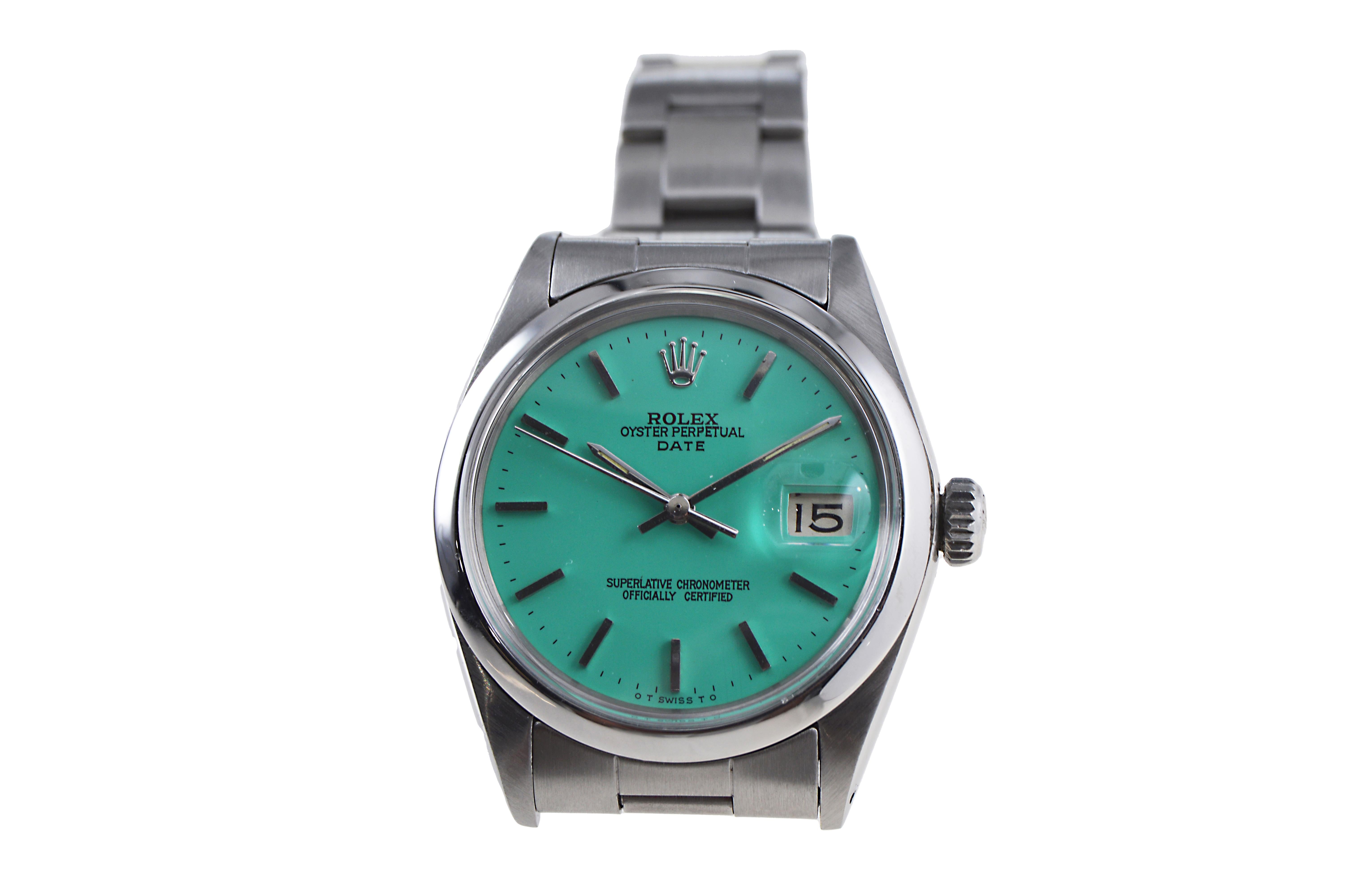 Rolex Stainless Steel Oyster Perpetual Date with CustomTiffany Blue Dial 1960's In Excellent Condition In Long Beach, CA