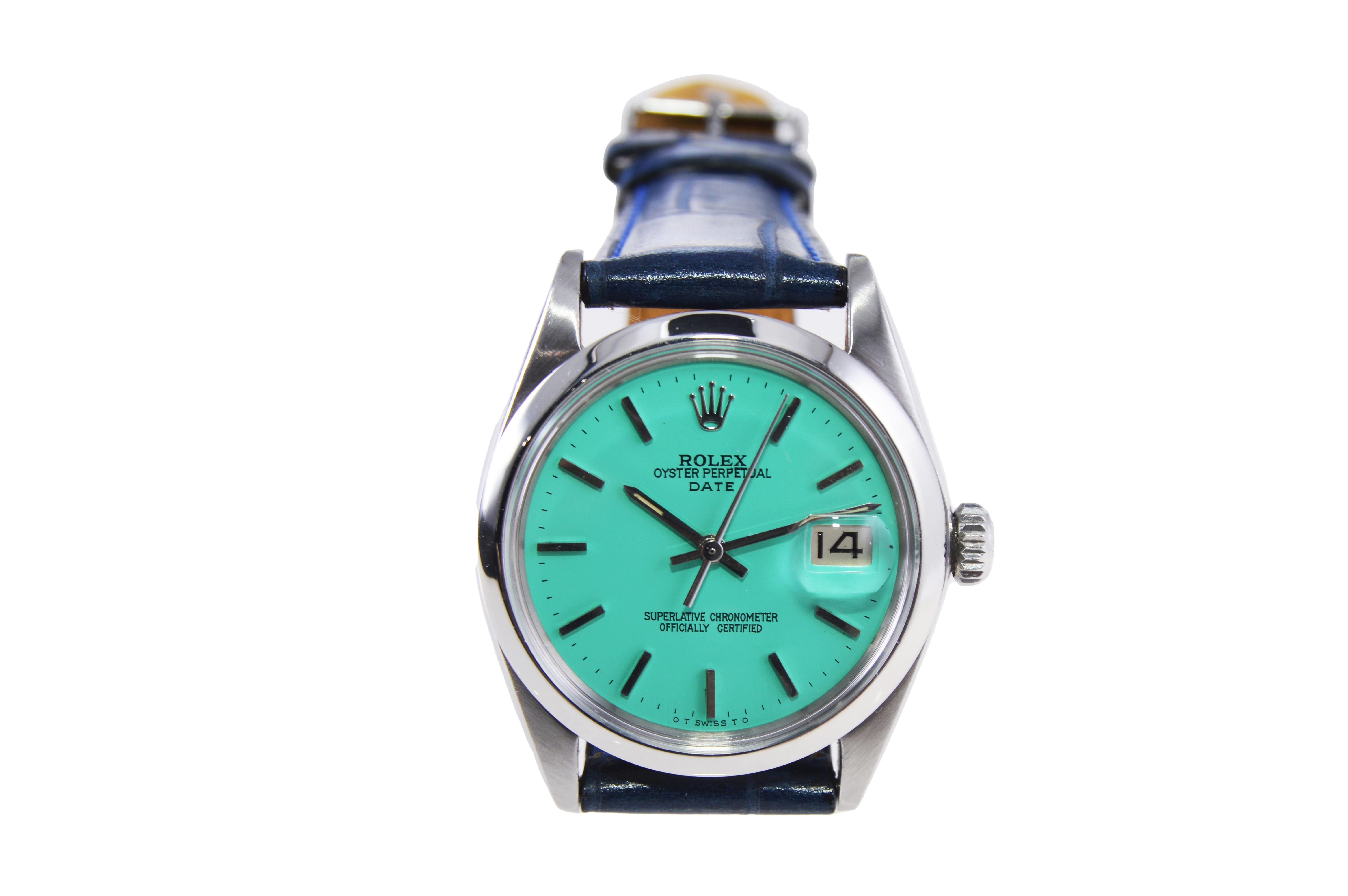Rolex Stainless Steel Oyster Perpetual Date with Custom Tiffany Blue Dial 1960's For Sale 2