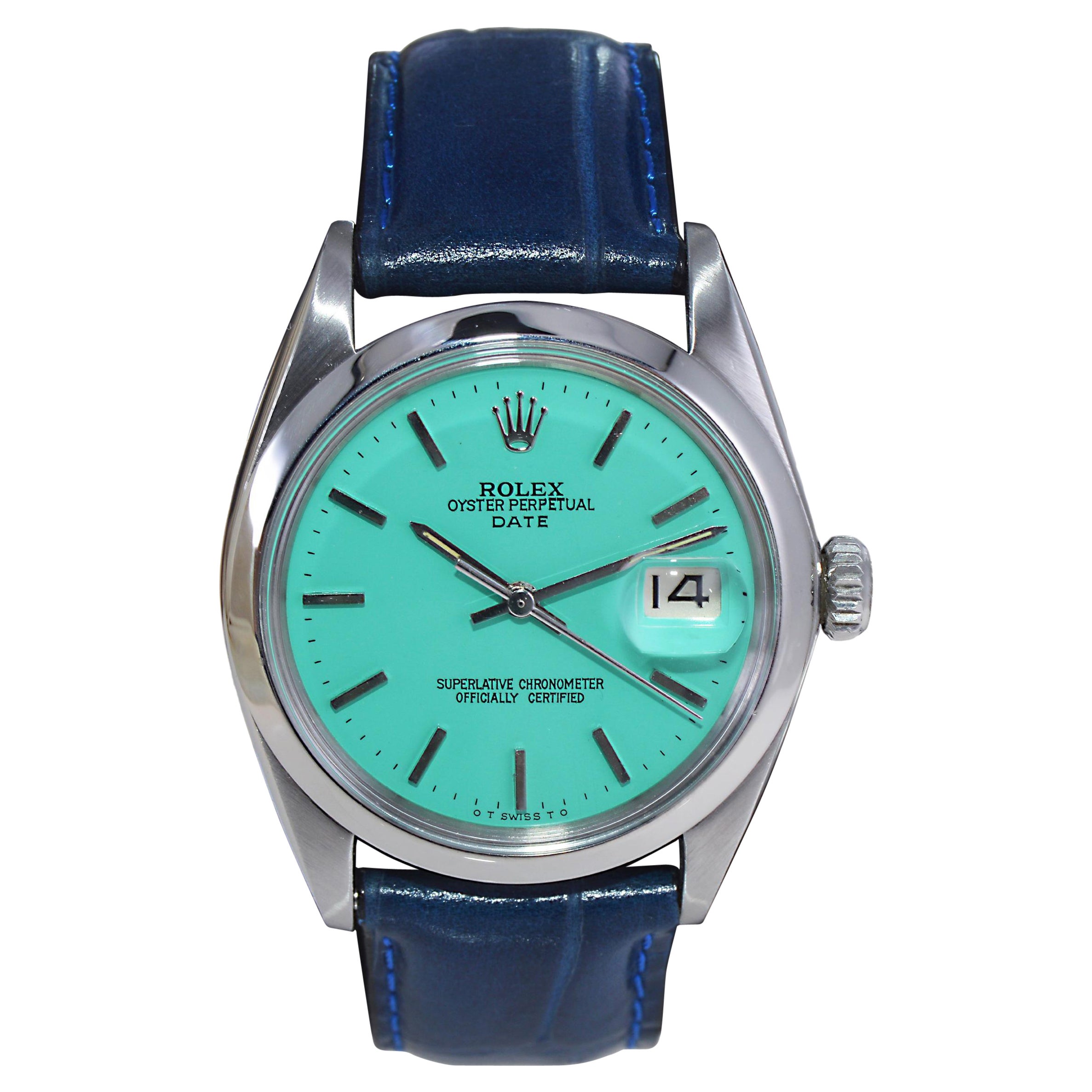 Rolex Edelstahl Oyster Perpetual Date mit maßgefertigtem blauem Tiffany-Zifferblatt 1960er Jahre im Angebot