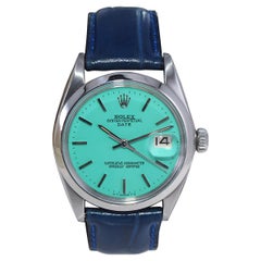 Rolex Edelstahl Oyster Perpetual Date mit maßgefertigtem blauem Tiffany-Zifferblatt 1960er Jahre