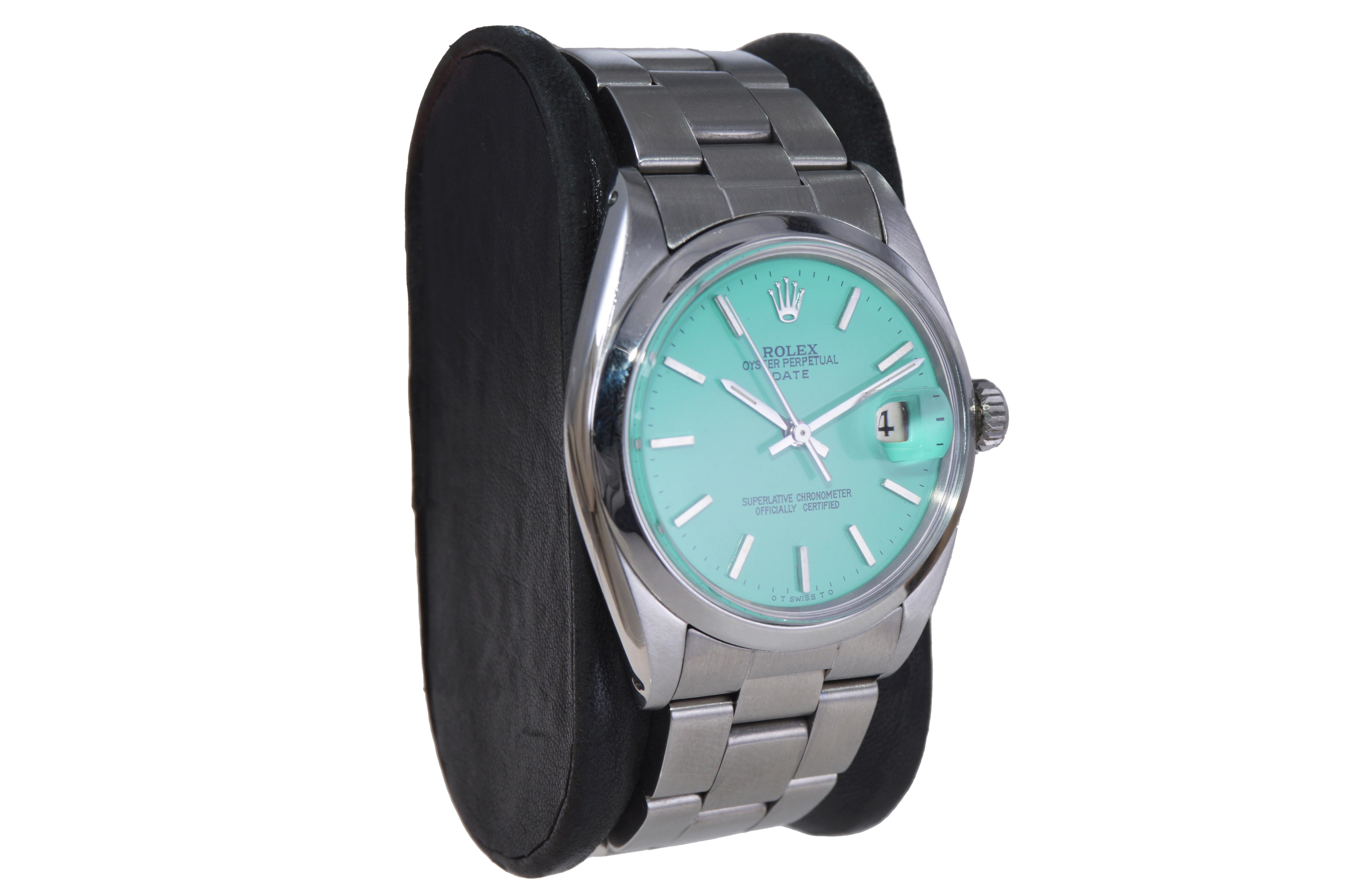 Modernist Rolex Stainless Steel Oyster Perpetual Date with Custom Tiffany Blue Dial 1970s For Sale
