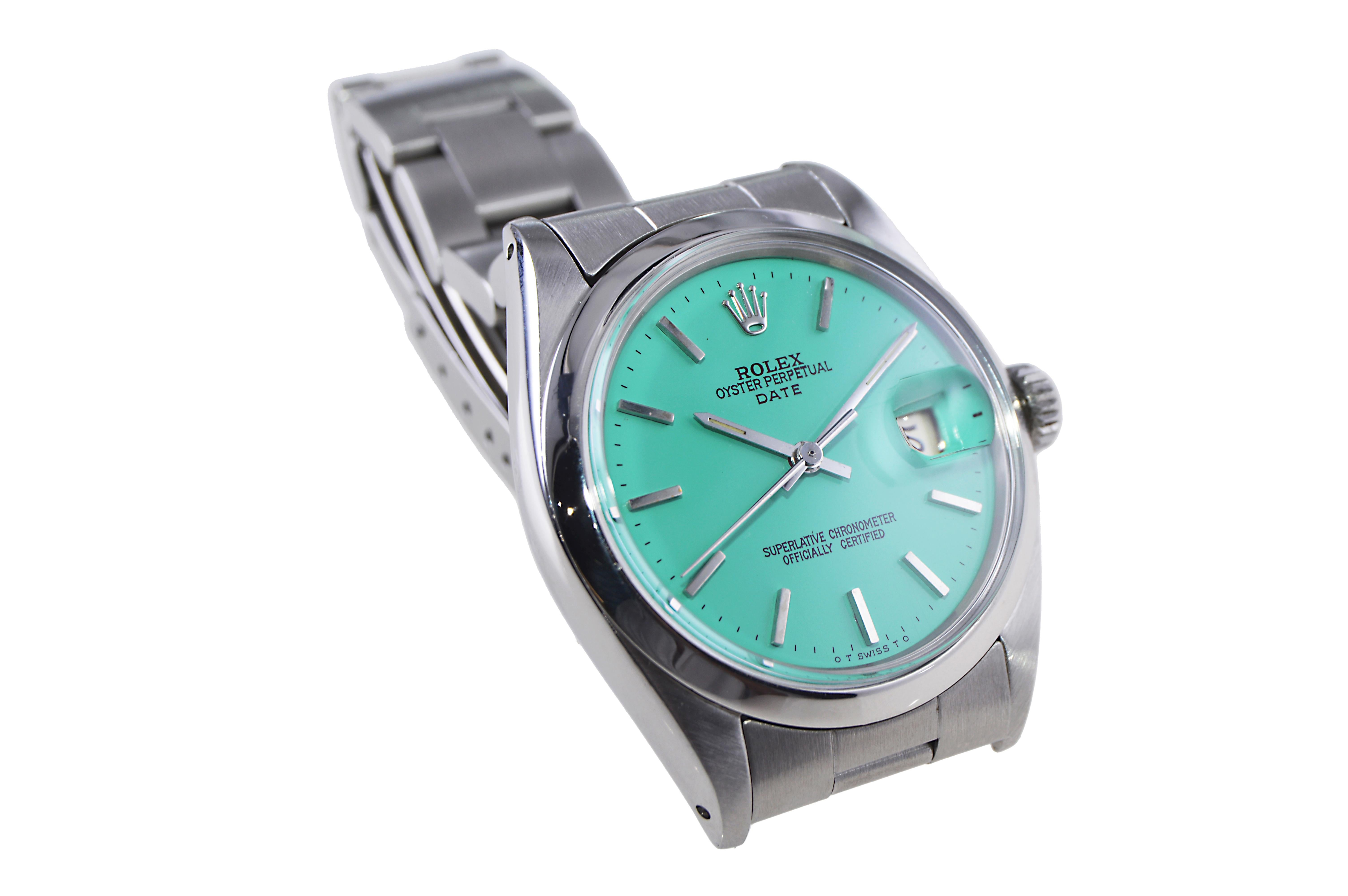 Modernist Rolex Stainless Steel Oyster Perpetual Date with Custom Blue Dial 1970's For Sale