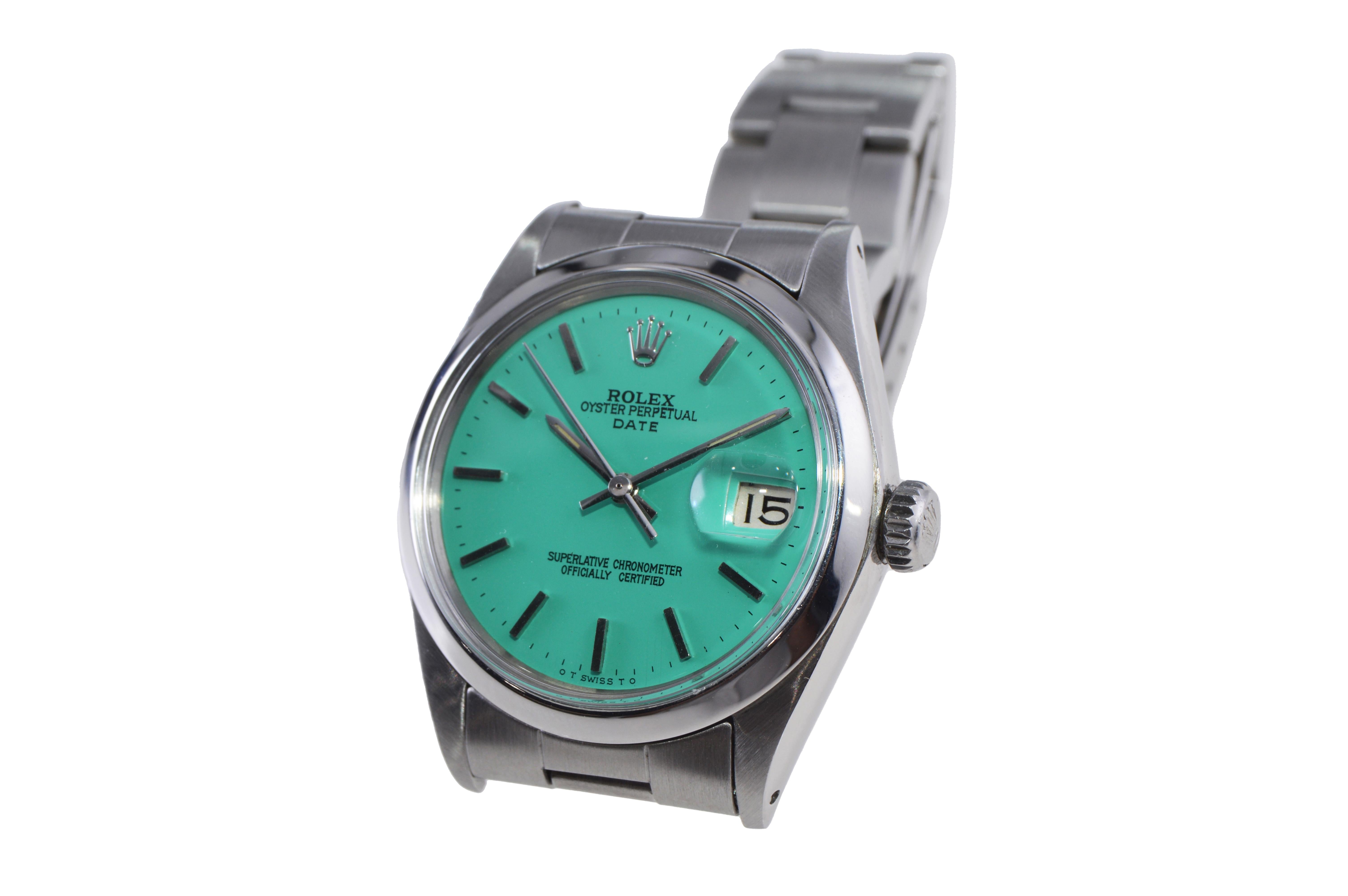 Women's or Men's Rolex Stainless Steel Oyster Perpetual Date with Custom Blue Dial 1970s For Sale