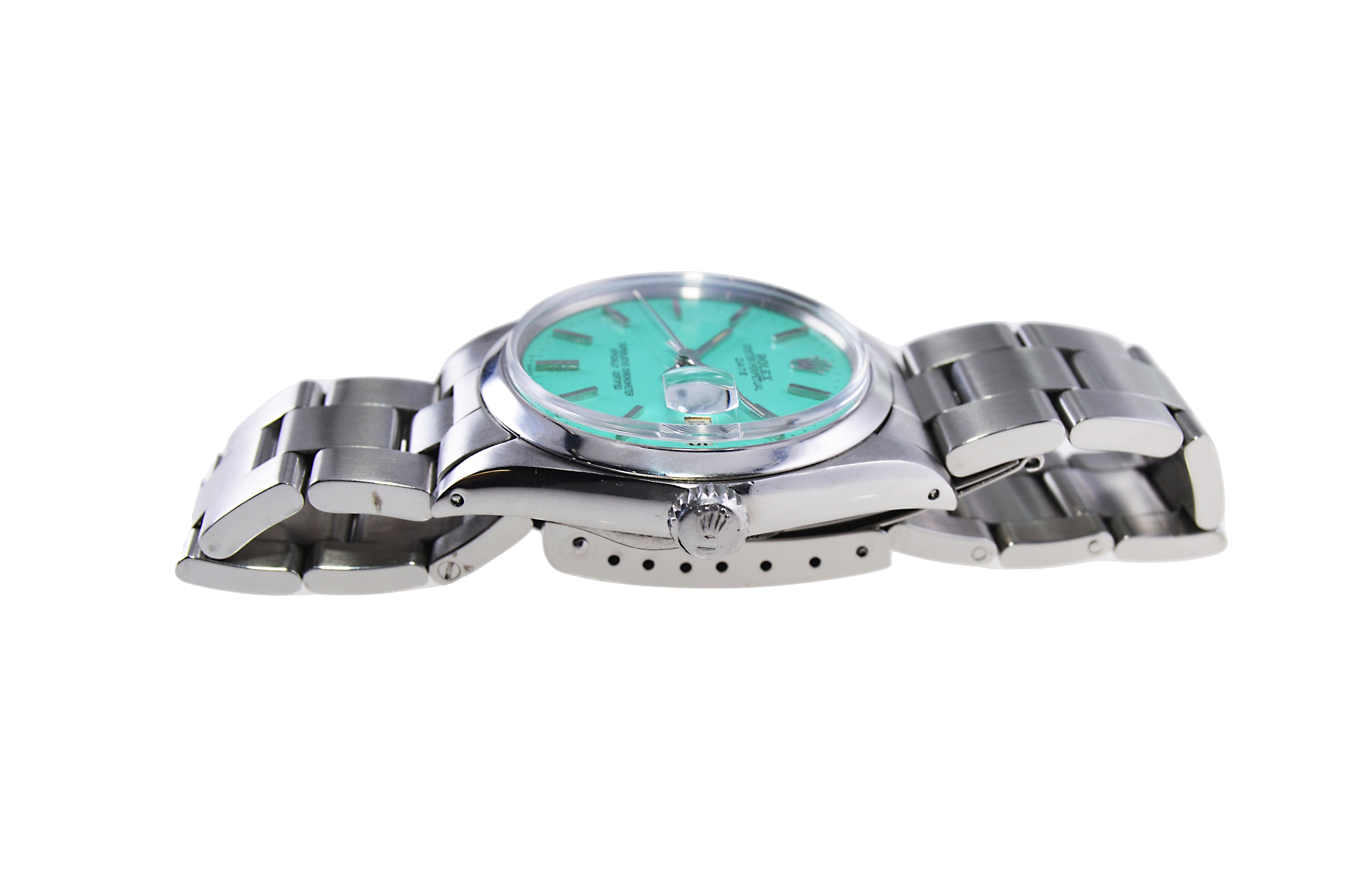 Rolex Stainless Steel Oyster Perpetual Date with Custom Blue Dial 1970s For Sale 1