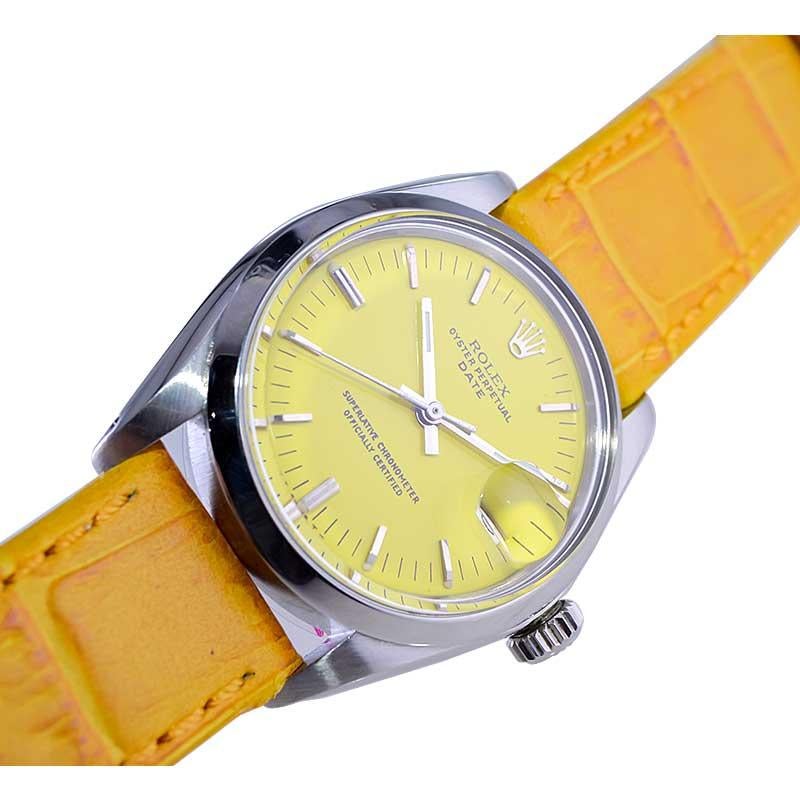 Rolex Stainless Steel Oyster Perpetual Date with Custom Yellow Dial 1970's For Sale 4